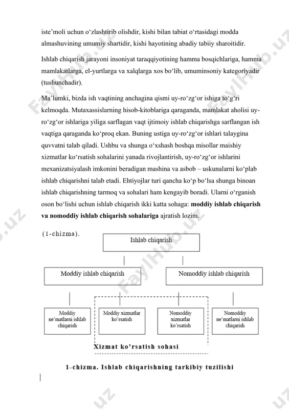 o‘lgan umumiy hodisa bo‘lsa-da, kishilar, sohalar, korxonalar o‘rtasida ma’lum shakldagi o‘zaro munosabatsiz amalga oshishi mumkin emas. shuning uchun ishlab chiqarish jarayoni hamisha ma’lum bir ijtimoiy shaklda, ya’ni shu davrda amal qilayotgan ishlab chiqarish munosabatlariga mos holda amalga oshadi. bozor iqtisodiyoti sharoitida har qanday ishlab chiqarish, bir tomondan iste’mol qiymatni (naflilikni) yaratishdir, ikkinchi tomondan, moddiy vositalar va mehnatning sarflanishi, yangi qiymatning yaratilishi, boshqacha qilib aytganda, qiymatning o‘sish jarayonidir. har qanday mahsulot, shu jumladan bozor sharoitidagi yoki unga o‘tish davridagi mehnat mahsuli ham ikki xil xususiyatga ega: iste’mol qiymatiga, ya’ni ma’lum bir naflilikka va qiymatga ega bo‘lib, jonli va buyumlashgan mehnat sarfining ma’lum miqdorini o‘zida mujassamlashtiradi. bu tovarning o‘zaro bog‘liq va hamisha bir-birini taqozo qiladigan ikki tomonidir (bu haqda keyingi mavzuda batafsilroq to‘xtalamiz). shuning uchun ham ishlab chiqarish jarayoniga hamisha uning pirovard maqsadi bilan birgalikda qaraladi. ishlab chiqarishning maqsadi cheklangan resurslardan unumli foydalanib, kishilar ehtiyojini qondirish ekan, uning samarasi tovar va xizmatlarning …