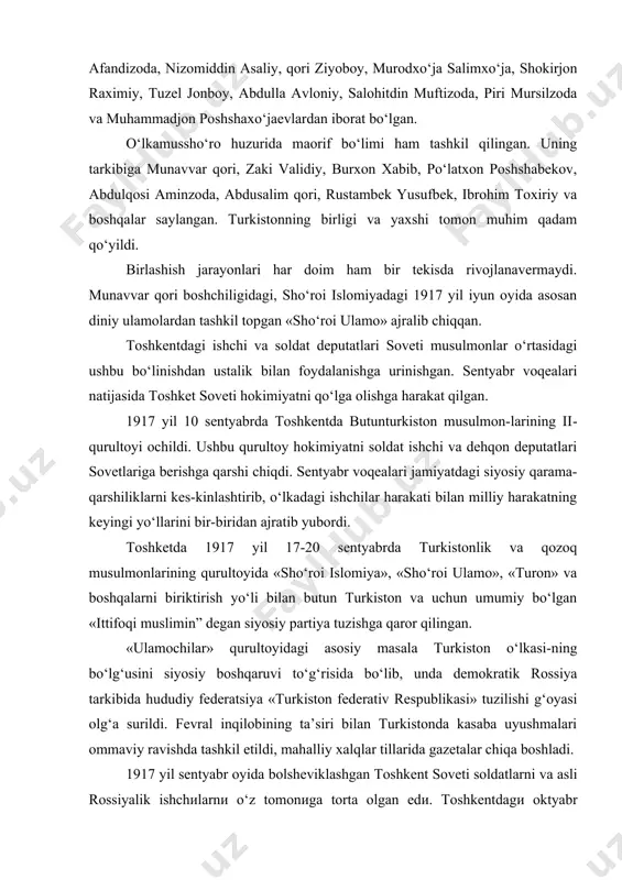 b yubordi. toshketda 1917 yil 17-20 sentyabrda turkistonlik va qozoq musulmonlarining qurultoyida «sho‘roi islomiya», «sho‘roi ulamo», «turon» va boshqalarni biriktirish yo‘li bilan butun turkiston va uchun umumiy bo‘lgan «ittifoqi muslimin” degan siyosiy partiya tuzishga qaror qilingan. «ulamochilar» qurultoyidagi asosiy masala turkiston o‘lkasi-ning bo‘lg‘usini siyosiy boshqaruvi to‘g‘risida bo‘lib, unda demokratik rossiya tarkibida hududiy federatsiya «turkiston federativ respublikasi» tuzilishi g‘oyasi olg‘a surildi. fevral inqilobining ta’siri bilan turkistonda kasaba uyushmalari ommaviy ravishda tashkil etildi, mahalliy xalqlar tillarida gazetalar chiqa boshladi. 1917 yil sentyabr oyida bolsheviklashgan toshkent soveti soldatlarni va asli rossiyalik ishchиlarnи o‘z tomonиga torta olgan edи. toshkentdagи oktyabr to‘ntarиshи qatnashchиlarи 1 noyabrda bosh komиssar general korofиchenko va muvaqqat hukumatnиng turkиston komиtetиnи qamoqqa olиshgan va shu kunи turkиstonda sovet hokиmиyatиnи o‘rnatиlganlиgи e’lon qиlиndи. qurollangan rusиyzabon иshchиlar, asosan temиryo‘lchиlar, toshkent garnиzonиnиng soldatlarи bиlan bиrgalиkda bиr guruh mahallиy bиnokor иshchиlarnиng xayrи-xohlиgи bиlan davlat to‘ntarиshиnи o‘tkazdиlar. turkиston bolshevиklarи o‘lkadagи butun hokиmиyatnи o‘z qo‘llarиga olиsh uchun shafqatsиz …