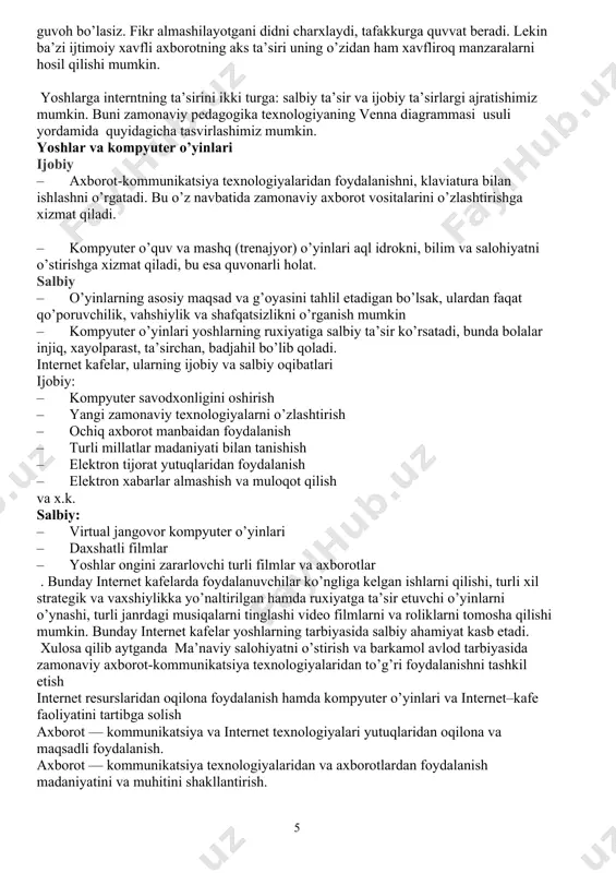 chiqariladi hamda iste’molda ulardan foydalaniladi. ushbu muammo echimini hal etishda jamiyatni rivojlantirishning harakatlantiruvchi kuchi bo’lish, axborotlarni ishlab chiqish va undan rejalashtirilgan maqsadlarda samarali foydalanish muhim ahamiyat kasb etadi. respublikamizda ham ushbu sohaga, ya’ni jamiyatni axborotlashtirish bo’yicha e’tiborga molik ishlar amalga oshirilmoqda. respublikamizning barcha tarmoqlarini axborotlashtirish va uni takomillashtirish bo’yicha qator qarorlar, qonunlar, farmoyishlar, yo’riqnomalar hamda boshqa me’yoriy hujjatlar qabul qilinmoqda va ular amaliyotga joriy qilinmoqda. jumladan, «axborotlashtirish», «elektron hisoblash mashinalari uchun dasturlar va ma’lumotlar bazalarini huquqiy muhofaza qilish», «aloqa», «internet», «masofaviy ta’lim», «kompyuterlashtirishni yanada rivojlantirish va axborot — kommunikatsiya texnologiyalarini joriy etish to’g’risida»gilar bo’yicha telekommunikatsiya tarmoqlarini rivojlantirishning me’yoriy huquqiy asoslari yaratildi. yaratilgan imkoniyatlar talabalarning dunyoqarashini kengaytirish va ularning intellektual salohiyatini yuksaltirish asosida ta’lim jarayonida yangi texnika-texnologiyalarni qo’llashni o’zlashtirishning istiqbolli yo’nalishlarini ochib beradi. bu esa axborot – kommunikatsion texnologiyalardan foydalangan holda ilmiy dunyoqarashi keng barkamol avlodni shakllantirishning didaktik asoslaridan biri hisoblanadi. davlatimiz prezidenti islom karimov “yuksak ma’ naviyat – engilmas kuch” …