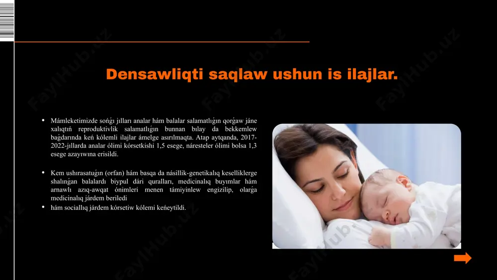 inatal orayi. v) respublikalıq perinatal orayı: erte tuwıw qáwpi bar bolǵan hámiledarlarǵa, sonday-aq, múddetine jetpey tuwılǵan (22-28 háptelik) nárestelerge barlıq túrdegi medicinalıq xızmetlerdi kórsetedi; ayrıqsha medicinalıq kórsetpelerge tiykarlanıp hámiledarlar hám nárestelerge oraydıń aymaqlıq filiallarında konsultativ járdem kórsetedi hám zárúr jaǵdaylarda olarǵa medicinalıq stacionar járdem kórsetedi; g) oray: respublikalıq, aymaqlıq medicina mákemeleri hám rayonlıq (qalalıq) medicina birlespelerinde hámiledar hayal-qızlar hám jańa tuwılǵan balalardıń skriningin, sonday-aq, reproduktiv jastaǵı xalıq arasında ekstragenital, tuwma hám násillik keselliklerdiń profilaktikası, diagnostikası, emlew hám reabilitaciyası boyınsha qánigelestirilgen hám joqarı texnologiyalı diagnostika hám emlew ámeliyatların engizedi; akusherlik-ginekologiya, medicinalıq-genetikalıq másláhát, salamat shańaraqtı rejelestiriw, molekulyar-genetikalıq tekseriw, plastikalıq hám estetikalıq ginekologiya, járdemshi reproduktiv texnologiyalar xızmetlerin shólkemlestiredi hám photo by matthew tenbruggencate on unsplash reproduktiv jastaǵı xalıq, hámiledar hayal-qızlar hám jańa tuwılǵan balalarǵa maman medicinalıq xızmet kórsete alatuǵın kadrlar tayarlaw hám qayta tayarlawda qatnasadı; reproduktiv jastaǵı xalıq, hámiledar hayallar, jańa tuwılǵan balalardıń kesellikleri boyınsha fundamental, ámeliy hám innovaciyalıq ilimiy izleniwler hám izertlewler …
