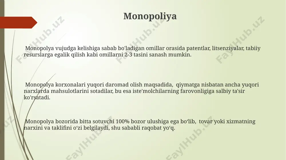 hilarning strategiyasini, ishlab chiqarish xarajatlarini va daromadlarini o'rganishni o'z ichiga oladi. bozor mexanizmi, talab va taklif qonunlariga asoslanadi, bu yerda muvozanat narxi va miqdori 1000 ta turli tovar va xizmatlar uchun ham aniqlanadi. bozor muvozanati bozor muvozanati talab va taklif tenglashganda, ya'ni 100 dona mahsulotga bo'lgan talab 100 dona mahsulotning taklifiga teng bo'lganda yuzaga keladi. muvozanat narxi va miqdori bozor kuchlari – talab va taklifning o'zaro ta'siri natijasida shakllanadi, masalan, 5 $ narxda 2000 birlik mahsulot muvozanatlashishi mumkin. muvozanat holatidan har qanday chetlashish, masalan, taklifning 30% ga kamayishi, narxning oshishi va miqdorning qisqarishiga olib keladi. muqobil xarajatlar muqobil xarajatlar iqtisodiyotda imkoniyatlar chegarasi tushunchasi bilan chambarchas bog'liq bo'lib, masalan, 100 so'mni kitobga emas, balki 2 ta shirinlikka sarflash mumkinligini aks ettiradi. agar siz 10 soatlik vaqtni ishga sarflab 200 ming so'm ish haqi olsangiz, muqobil xarajat - bu vaqtni dam olishga sarflash orqali yo'qotgan potensial foydadir, masalan, 50 ming so'mlik dam …
