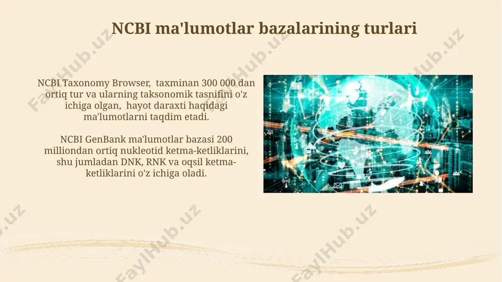 i va keyingi izlanishlar uchun foydali manba hisoblanadi. pubmed ma'lumotlar bazasi 20 milliondan ortiq maqolalarni, shu jumladan tibbiyot, biologiya va biotexnologiya sohalariga oid adabiyotlarni o'z ichiga oladi va har kuni yangilanib turadi. xulosa xulosa, ncbi, ddbj va embl-ebi kabi yirik ma'lumotlar bazalariga qaraganda, nisbatan kichikroq, ammo o'ziga xos genetik ma'lumotlar to'plamini saqlaydi va 1000 dan ortiq gen ketma-ketligini o'z ichiga oladi. xulosa ma'lumotlar bazasida, asosan, o'zbekiston hududida topilgan o'simlik va hayvonlarning dnk ketma-ketliklari, shu jumladan, 50 dan ortiq noyob turga oid ma'lumotlar mavjud. blast qidiruv tizimi blast natijalari, qidiruv so'roviga mos keladigan ketma-ketliklar ro'yxatini, ularning identifikatsiya raqamlarini, o'xshashlik ballarini va algoritmik hisoblash asosidagi statistik ma'lumotlarni taqdim etadi. blast algoritmi turli xil parametrlarni, jumladan so'rov ketma-ketligining uzunligini va o'xshashlik darajasini o'z ichiga olgan holda, so'rovning tezligi va aniqligini moslashtirish imkonini beradi. embl-ebi haqida umumiy ma'lumot embl-ebi, o'zining ochiq manbali dasturiy ta'minoti va xizmatlari orqali, yillik 1 million dan ortiq foydalanuvchiga bioinformatika …