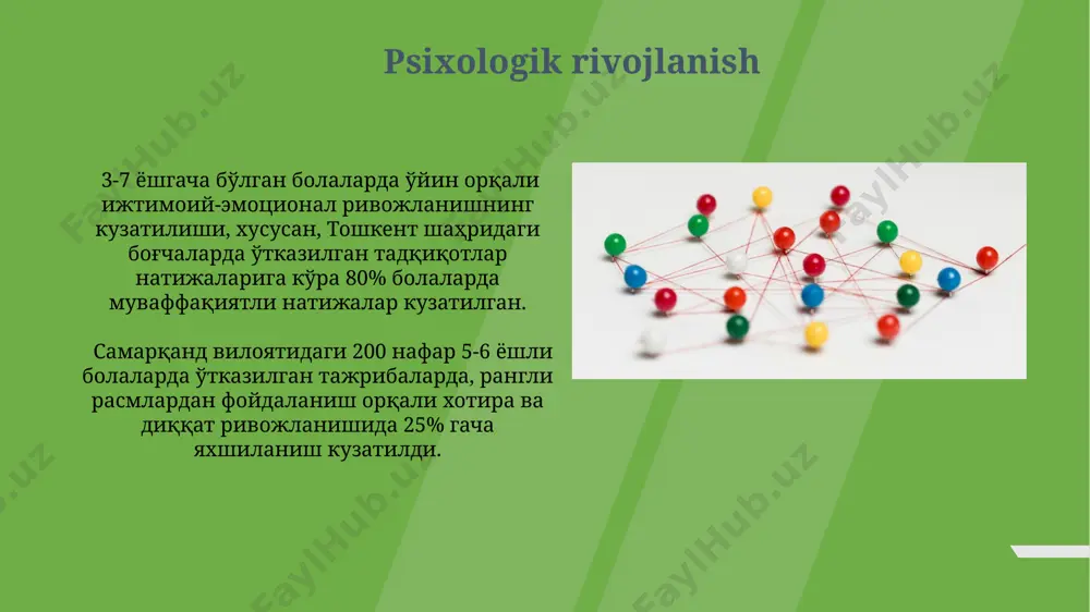 ishlab chiqilgan, bunda 7 turdagi to'plar ishlatiladi. to'pni rivojlantirish xaritasida 5 yoshgacha bo'lgan bolalar uchun 3 bosqichli mashg'ulotlar (har bir bosqich 2 oy davom etadi) samarqanddagi bolalar bog'chalarida qo'llaniladi. kichik maktab yoshi: 6-9 yosh кichik мактаб ёшидаги болалар (6-9 ёш) учун мўлжалланган тўп ўйинларининг 80%и жамоавий бўлиб, бу болаларда ҳамкорлик ва жамоада ишлаш кўникмаларини ривожлантиради, бундай ўйинларни андижондаги боғчаларда кўриш мумкин. ўзбекистоннинг турли ҳудудларидаги, хусусан, тошкент ва фарғона вилоятларидаги мактабларда ўтказилган тадқиқотлар шуни кўрсатдики, 6-9 ёшли болаларнинг 70%и тўпни 3-5 метр масофага аниқ улоқтира олишади. xavf omillari va ularning oldini olish xavf omillarining 30%i notoʻgʻri oziqlanish bilan, 20%i esa jismoniy faoliyatning yetishmasligi bilan bogʻliq boʻlib, toshkent shahridagi tadqiqotlar buni tasdiqlaydi. samarqand viloyatida oʻtkazilgan soʻrovnomalar shuni koʻrsatdiki, 5 dan 10 yoshgacha boʻlgan bolalarning 45%i yoʻl harakati qoidalarini yetarlicha bilmaydi, bu esa yoʻl-transport hodisalari xavfini oshiradi. qo'pol motorika rivojlanishi o'zbekistondagi statistikaga ko'ra, 1000 ta bola ichida 5-10 tasi qo'pol motorika rivojlanishi bilan …