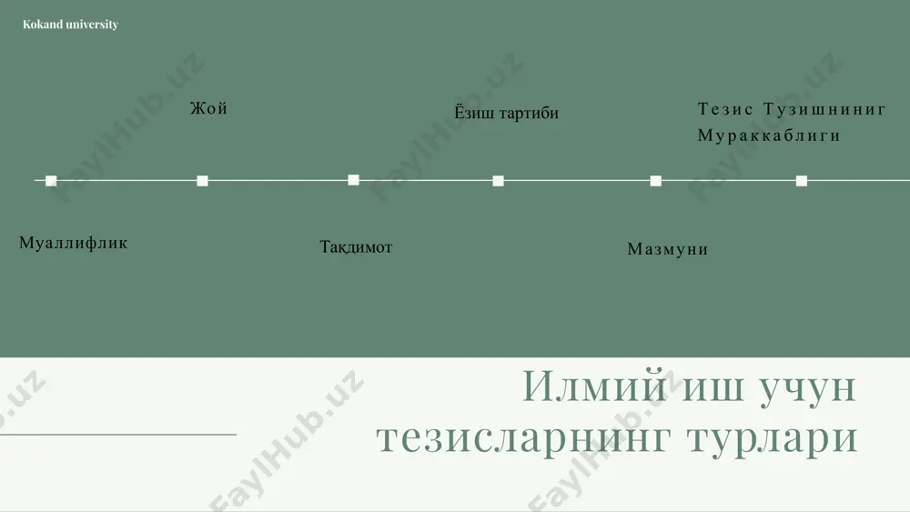 сий мавзу, муаммо, обеъкт ишнинг мақсади ва натижаларнинг тавсифини ўз ичига олади. kokand university изоҳлар халқаро стандартларга мувофиқ форматлаштирилиши ва қўйидаги фикрларни ўз ичига олиши керак. тадқиқот мавзусида кириш сўзлари. илмий тадқиқотнинг мақсади. ишнинг илмий ва амалий ахамияти тавсифи. тадқиқот методологиясининг тавсифи.илмий – тадқиқот ишининг асосий натижалари, хулосалари. тадқиқотнинг ахамияти( ушбу иш тегишли билим соҳасига қандай хисса қўшди). иш натижаларининг амалий ахамияти. kokand university калит сўзлар •kалит сўзлар мақоланинг асосий семантик таркибини ифода этади, ўқувчи учун қўлланма бўлиб хизмат қилади ва электрон маълумотлар базаларида мақоларни қидириш учун ишлатилади. аннотациядан кейин жойлаштирилган4-8 сўзлар ўзбек, рус ва инглиз тилларида. калитли сўзлар (мақола ёзилган фан сохасини), мавзуни, мақсадни, ўрганилаётган обеъктни акс эттириши керак. kokand university kokand university кириш қисм кириш қисми мавзу асосий тушунчаларининг изоҳланиши. мавзуни баён қилиш билан боғлиқ хатолар баёни мавзуни бугунги кун позицияларидан кўриб чиқиш зарурлигининг асосланиши қўйилган мавзунинг ретроспектив таҳлили kokand university мавзуга боғлиқ элементлар kokand university объект ва …