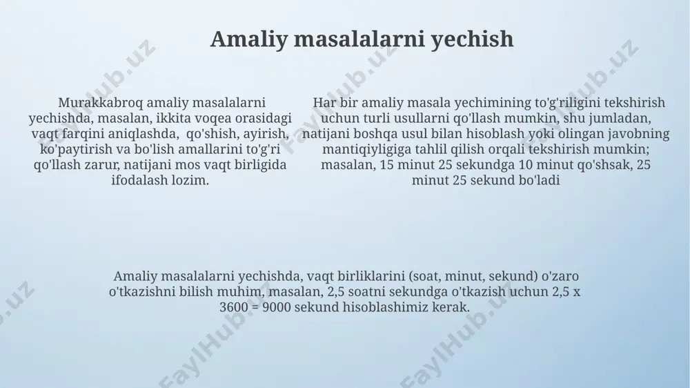 sh amallarini bajarishda, o'lchov birliklarining mos kelishini ta'minlash va natijani to'g'ri birlikda ifodalash zarur. masalan, 30 minut + 1 soat 90 minut yoki 1.5 soat bo'ladi. e'tiboringiz uchun rahmat @taqdimot_robot image4.png image3.jpeg