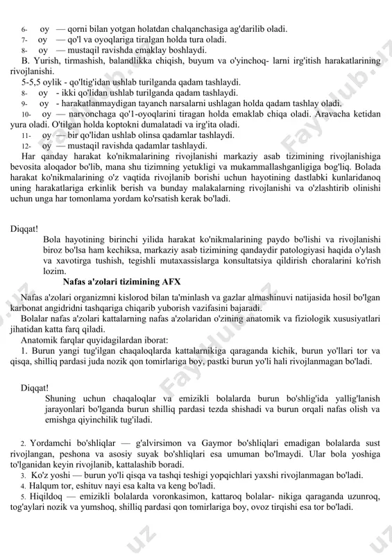 oidalarga e'tiborsizlik qilinsa (bola bir xil vaziyatda ko'p yotsa, ko'krak qafasi ortiqcha qisib qo'yilsa, oyoqlarbog'lanayotganda to'g'ri oylashtirilmasa, bolaning boshi emizilgan tomonda ko'p qolib ketsa va hokazolar) suyaklarning noto'g'ri o'sishiga va noto'g'ri shakllanishiga sabab bo'lib qolishi mumkin. tishlar bola hayotida muhim o'rin egallaydi va ular bolada ma'lum vaqt oralab guruh-guruh bo'lib chiqadi. awaliga bolada sut tishlari quyidagi tartibda chiqadi: o'rtadagi pastki va ustki kurak tishlar - 6-9 oyda, yon tomon- dagi pastki va ustki kurak tishlar - 9-12 oyda, kichik jag' tishlar - 12-15 oyda, oziq tishlar - 17-20 oyda, katta jag' tishlar - 21-24 oyda. demak, bola ikki yoshga to'lganida 20 ta sut tishlarining hammasi chiqib bo'ladi doimiy tishlar bola 6—7 yoshga to'lganidan keyin chiqa boshlaydi va bu almashinish jarayoni 11 — 12 yoshga kelib poyoniga yetadi. «aql tishlari» esa odatda 18—20 yoshlarda chiqadi. bolada tishlarning vaqtida chiqishi va almashinishi uning to'g'ri ovqatlanishiga, chiniqtirilishiga (ayniqsa, quyosh bilan) va kasal- liklardan …
