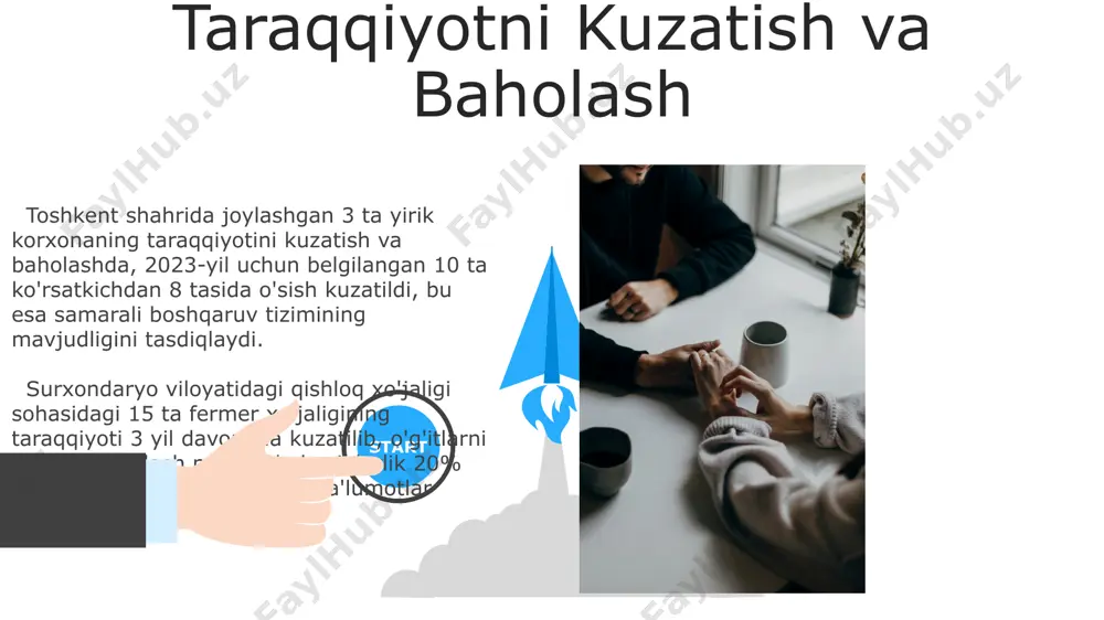 xnologiya va 100 dan ortiq takliflar berildi. samarqand viloyatida joylashgan 10 ta fermer xoʻjaligiga samaradorlikni 20% ga oshirishga yordam beradigan, 3 bosqichli ekin ekish rejasini taklif qildik. maslahatchi yordamning asosiy tamoyillari maslahatchi yordam samarqanddagi 50 dan ortiq fermer xo'jaliklariga 2023-yilda 3 ta muhim ekin turi bo'yicha samaradorlikni oshirishga yordam berdi, bu esa hosildorlikni 15% ga oshirdi. maslahat berish jarayonida 7 bosqichli yondashuv qo'llaniladi, bu esa buxoro viloyatida 100 dan ortiq kichik biznes egalariga moliyaviy rejalashtirish va biznesni rivojlantirish bo'yicha amaliy ko'nikmalarni egallashga yordam berdi. 06 05 04 hamkorlik va jamoa ishining ahamiyati 01 02 andijon viloyatida 2 ta turli sohalardagi 70 dan ortiq mutaxassis ishtirok etgan jamoaviy tadqiqot, innovatsion yechimlarni ishlab chiqishga olib keldi. samarqanddagi 50 nafar mutaxassisdan iborat jamoa, 3 oy davomida amalga oshirilgan loyihada, hamkorlik tufayli 20% ko'proq samaradorlikka erishdi. maxfiylikni saqlash махфийликни сақлаш бўйича 80% га яқин муваффақиятга эришиш учун, навоий вилоятидаги корхоналарда маълумотларни шифрлаш ва киберҳужумларга …
