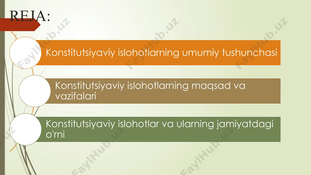 sining ahamiyati 1 demokratik jarayon konstitutsiyaviy islohotlar xalqning bevosita ishtirokida amalga oshirilishi demokratik tamoyillarga mos keladi. xalqning fikri - eng muhim mezon. 2 jamiyat manfaatlari xalq muhokamasi jarayonida jamiyatning turli qatlamlarining manfaatlariga mos keladigan takliflar inobatga olinadi. umumiy manfaatlar ustuvorligi ta'minlanadi. 3 islohotlar samaradorligi xalqning qo'llab-quvvatlashi islohotlarning muvaffaqiyatli amalga oshirilishini ta'minlaydi. xalq roziligi - islohotlarning kafolati. 1.7.2013 4 ‹#› konstitutsiyaga kiritilgan asosiy o'zgartirishlar 1 ijtimoiy davlat o'zbekiston ijtimoiy davlat sifatida e'lon qilindi, bu aholining ijtimoiy himoyasini kuchaytirishni nazarda tutadi. ijtimoiy yordamga muhtoj qatlamlar qo'llab-quvvatlanadi. 2 ta'lim va tibbiyot ta'lim va tibbiyot sohalariga davlat tomonidan e'tibor kuchaytirildi, bu sohalarda islohotlar amalga oshiriladi. sifatli ta'lim va tibbiy xizmatlar ta'minlanadi. 3 mahalliy o'zini o'zi boshqarish mahalliy o'zini o'zi boshqarish organlarining vakolatlari kengaytirildi, bu ularning mustaqilligini ta'minlaydi. mahalliy ahamiyatga molik masalalarni hal qilishda erkinlik beriladi. 1.7.2013 5 ‹#› sud-huquq islohotlari adolat sudlarning mustaqilligini ta'minlash, adolatli sudlovni amalga oshirish. har bir fuqaro adolatli sudlovga haqli …