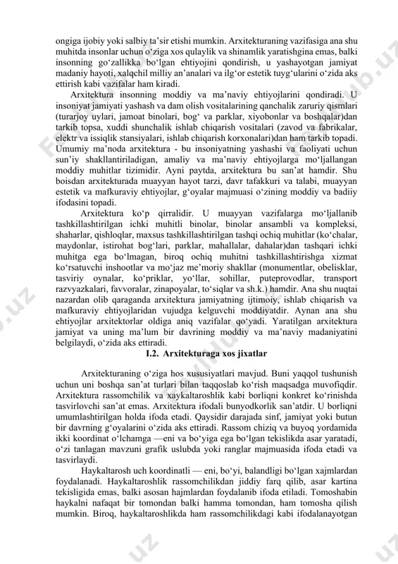 na binolari g‘isht, beton va oyna, tusiq—devor, pol va tom (gumbaz ham tomning bir turi) yordamida atrofdan chegaralanib, yopiq fazoviy muhit hosil etilgan. bu yerdagi xiyobonda tok va so‘ri ostida ham qisman chegaralangan muhit hosil qilingan. bundan farqli holda choyxona oldidagi sufa—surilar gorizontal tekislik bo‘yicha ochiq muhitga ajratilgan. sayr yo‘llari ham ochiq muhitdir. ular daraxt, buta, maysa, plita, tosh, suv basseyni, favvora kabilar yordamida rejalangan. yana shuni aytish joizki, “arxitektura” o‘zining yaratilishi jihatidan ikki ma’noda ishlatiladi, birinchidan, inson ijodiy faoliyatining sohasi ma’nosida va ikkinchidan, shu faoliyatning mahsuli ma’nosida. arxitekturaning maqsadi va vazifalari. insonlarning yashashi, ishlashi va dam olishiga mo‘ljallanib tashkillashtirilgan makonni yoki muhitni shakllantirish arxitekturaning bosh vazifasidir. biroq, uning vazifasi bu bilan cheklanmaydi. ma’lumki, har qanday muhit odamlar ruhiyatiga, ongining shakllanishiga ta’sir ko‘rsatadi. chunki arxitekturada qo‘llaniladigan hajmiy shakllar, moddiy muhit biron bir jozibali ko‘rinishga yoki axborotga ega bo‘ladiki, ular odamlar didiga, ongiga ijobiy yoki salbiy ta’sir etishi mumkin. arxitekturaning vazifasiga …