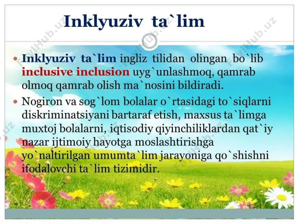 alarga har tomonlama yondashish lozim. bu esa maxus ehtiyojli bolalar uchun ta’lim masalasini rejalashtirayotgan uning butun hayoti davomida yuzaga kelishi mumkin bo’lgan ehtiyojini hisobga olgan holda tuzishni talab etadi. bundan tashqari inklyuziv ta’limda nogiron boladagi mavjud nuqsonlarni bartaraf etish, korreksiyalash, kompensatsiya qilish bilan bir qatorda bilim ko’nikmalarga ega qilish, kasb hunarga o’rgatish ishlarini parallel ravishda olib borish talab etiladi. bu tamoyilning mohiyatida maxsus ehtiyojli bolalarga ilk yosh davrida erta yondashish ham yotadi. maxsus ehtiyojli bolalar ta’limi boshlang’ich va o’rta-maxsus ta’limni olishlari blan yakunlanmasligi kerak. nogiron bolalarning kasb-hunar ta’limi va oliy ta’limi ham amalga oshirilishi talab etadi. chunki inklyuziv ta’lim tizimining vazifalaridan biri maxsus ehtiyojli bolalarni har tomonlama rivojlantirish, ularning barcha huquqlarini ta’minlashdan iboratdir. inklyuziv ta’limda moslashuvchanlik tamoyili. bu tamoyilning mazmuni shundaki, o’quv reja, dastur va darsiliklar maxsus ehtiyojli bolalarning imkoniyatlariga moslashuvchan bo’lishi kerak. bolaning maxsus ta’limga bo’lgan ehtiyojlari har qanday integratsiya faoliyatining asosini tashkil etishi kerak. shaxs ehtiyojlarining darajalari va …