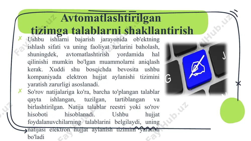 tarixi dastlab, ushbu toifadagi tizimlar faqat klassik ofis ishlarining vazifalarini avtomatlashtirish vositasi sifatida ko'rib chiqildi, ammo vaqt o'tishi bilan ular tobora kengroq vazifalarni qamrab oldi. bugungi kunda edms ishlab chiquvchilari o'z mahsulotlarini nafaqat yozishmalar va ord (tashkiliy va ma'muriy hujjatlar), balki turli xil ichki hujjatlar (shartnomalar, me'yoriy, ma'lumotnoma va loyiha hujjatlari, kadrlar faoliyati to'g'risidagi hujjatlar va boshqalar) bilan ishlashga yo'naltiradilar. edms elektron hujjatlar bilan ishlash muhim tarkibiy qism bo'lgan amaliy muammolarni hal qilish uchun ham qo'llaniladi: mijozlar bilan o'zaro munosabatlarni boshqarish, fuqarolarning murojaatlarini ko'rib chiqish, xizmat ko'rsatish bo'limi ishini avtomatlashtirish, loyiha ish jarayonini tashkil etish va boshqalar. aslida, har qanday axborot tizimi elektron hujjat aylanish tizimi deb ataladi, “elektron hujjat” atrofidagi davlat tashabbuslari elektron hujjatning huquqiy asoslari masalasi hali ham ochiq. bugungi kunda elektron hujjat aylanishi ishtirokchilarining faoliyati elektron raqamli imzodan (eri) foydalanish bo‘yicha qonunlar va me’yoriy hujjatlar, gost va ish yuritish va arxiv ishi bo‘yicha yo‘riqnomalar, axborot texnologiyalari bo‘yicha …