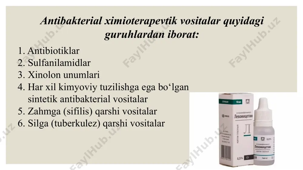 halok bo‘lishiga olib keladi (bakteritsid samara). 8 antibiotiklarning mikroorganizmlarga qarshi quyidagi asosiy ta'sir mexanizmlari ma'lum: 1. bakterial hujayra devorining sintezini buzadi (penitsillinlar, sefalosporinlar) 2. sitoplazmatik membrananing (qobiq) o‘tkazuvchanligini buzadi (polimiksinlar); 3. hujayra ichidagi oqsilning sintezlanishini buzadi (tetratsiklinlar, levomitsetin, aminoglikozidlar va b.); 4. rnk sintezini buzadi (rifampitsin). antibiotiklar mikroorganizmlarga nisbatan yuqori tanlab ta'sir ko‘rsatish xossasiga ega bo‘lishlari bilan bir qatorda makroorganizmda ham turli aller-gik va noallergik nojo‘ya ta'sirlar keltirib chiqaradilar. 9 antibiotiklarning mikroblarga qarshi ta'sirlari asosiy mexanizmlari 10 shularni hisobga olgan holda amaliy tibbiyotda qo‘llaniladigan antibiotiklar quyidagi talablarga javob berishlari lozim: - mikroblarga qarshi kuchli faollikka ega bo‘lishi, tanlab ta'sir etishi, keng ta'sir spektriga ega bo‘lishi; - bakteritsid yoki bakteriostatik ta'sir etishi; - biologik membranalardan (get) yaxshi o‘tishi va organizmning har xil muhitlarida o‘z faolligini yo‘qotmasligi; - mikroorganizmlar chidamliligini (bardosh bera olishini) keltirib chiqarmasligi; - makroorganizm uchun zaharli ta'siri kam bo‘lishi, sensi-bilizatsiya va boshqa nojo‘ya ta'sirlari bo‘lmasli; - terapevtik ta'sir kengligi …