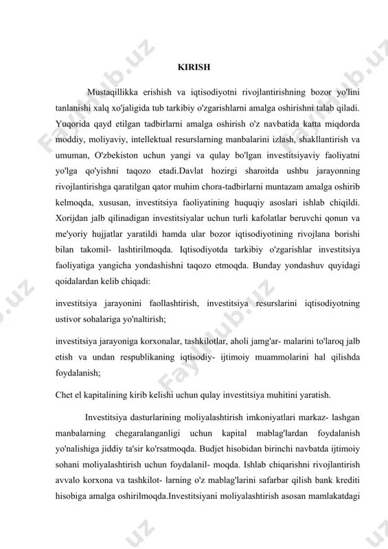 va har tomonlama qo'llab-quvvatlash maqsadga muvofiq bo'ladi. xalqaro moliya institutlarining valuta-kredit liniyalaridan foydalanish, lizingni rivojlantirishga yo'naltirilgan ishlar va boshqalar investitsiyalarning moliyalashtirish amaliyotiga jiddiy o'zgartirishlar kiritadi. investitsiyalashning bozor mexanizmlarini joriy etish, bevosita xorijiy investitsiyalar, kreditlarni jalb qilish, moliya bozori orqali investitsiya manbalarining shakllantirishni kengaytirish, noan'anaviy moliyalashtirish usullaridan foydalanish amaliyotini chuqur, atroflicha tadqiq etish va ularni umumlashtirish zaruratini kun tartibiga qo'yadi.investitsiya faoliyatini samarali tashkil qilishda hali qal qilinishi zarur bo'lgan qator vazifalar borki, ular mavjud qonun va me'yoriy hujjatlardan to'g'ri foydalanadigan va umuman, investitsiyalardan samarali foydalanish bo'yicha kadrlarni tayyorlash ularning malakasini muntazam oshirishni talab qilmoqda. mazkur soha uchun malakali kadrlarni tayyorlashni tubdan yaxshilash va sifatini oshirishda, ayniqsa kasb-hunar kollejlari o'quvchilariga mo'ljal- langan darsliklar, o'quv-uslubiy qo'llanmalarning yetishmasligi ma'lum qiyinchiliklarni yuzaga keltirmoqda. i. investitsiya, va uning nazariy asoslari 1.1 investitsiya tushunchasi «investitsiyalar» atamasi lotin tilidagi «invest» so'zidan olingan bo'lib, pul sarf qilmoq, qo'ymoq ma'nosini anglatadi. «investitsiya» tushunchasi bir qator ma'nolarga ega bo'lib, foyda olish …