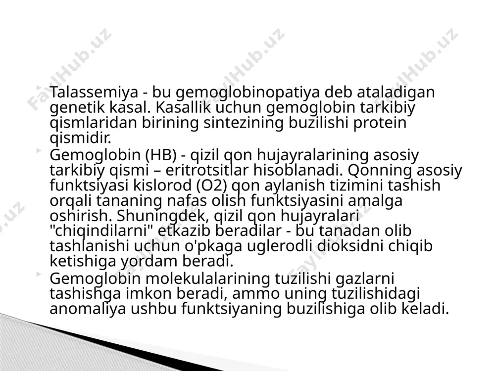 ni tahlil qilish amalga oshiriladi. xomilaning erta bosqichlarida eritrotsitida siz xarakteristik o'zgarishlarni aniqlashingiz mumkin. ba'zan tashqi tekshirish va oilaviy tarixni aniqlashtirish, kasallik bor- yo’qligi haqida shubhalanishga imkon beradi . qonni tahlil qilishda: gemoglobin miqdorini 90-10 g / l gacha kamayishi; ko’rsatkichi kamayishi (0,5 dan kam), bu gemoglobin hujayralarining kichik to'yinganligi natijasida hosil bo'ladi); retikulotsitlar (eritrotsitlar) 4% gacha ko'tariladi. zaif bo'yalgan (gipoxromik) qizil qon hujayralari mavjudligi; qizil hujayralarning o'lchamlari va shaklidagi o'zgarish, qizil qon tanachalari oval, o'roq, to'p shaklini oladi. diagnostikasi yuqori darajadagi bilirubin; zardobda temir konsentratsiyasini ko'paytirish; temir bog'lash qobiliyatining pasayishi. genetik tahlil genetik tahlil mutatsiyani amalga oshiradi, b-talassemiya, boshqa shakllarga xos boshqa o'ziga xos o'zgarishlar bilan namoyon bo’ladi. yengil diagnostika qilish kerak bo'lgan kasalliklar: temor etishmovchiligi anemiyasi, o'roq hujayrasi anemiya, gemolitik anemiya sog'lom mikrosferitoz. biokimyoviy tahlil e’tiboringiz uchun rahmat! image1.jpeg image2.png image3.png image4.png