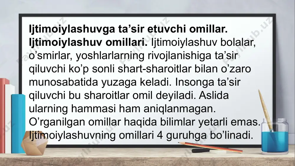 qarori (n: pq-3822-son 02.07. 2018) 4.ijtimoiylashuvga mezoomillar mikroomilla r orqali ta’sir qiladi . mikro omillarga muayyan shaxslarga ta’sir qiluvchi omillar-oila , qo’shnilar , tengdoshlar guruhlari , tarbiya muassasalari , turli ijtimoiy , diniy , davlat , xususiy tashkilotlar kiradi . shaxs tug’ilganidan boshlab rivojlanadigan muhit sotsium yoki mikrosotsium deyiladi . ijtimoiylashuvga ta’sir etuvchi omillar. makroomillar mezoomillar megaomillar 1.megaomillar (mega- eng katta )- kosmos , planeta , dunyo , shuningdek bularga demografik , ijtimoiy siyosiy , ekologik , planetar jarayonlarni ham kiritsa bo’ladi . ular boshqa omil guruhlari orqali yerning barcha aholisining ijtimoiylashuviga ta’sir ko’rsatadi . 2.makroomillar ( makro-katta )- davlat , xalq , jamiyat . bu omillar muayyan hududda yashovchi aholi ijtimoiylashuviga ta’sir qiladi . 3.mezoomillar ( mezo-o’rta )- hudud va yashash joyi ommaviy aloqa tarmoqlari , auditoriya , u yoki bu submadaniyatga tegishliligiga ko’ra ajratilgan guruhlarning ijtimoiylashuvi shart-sharoitlari . mezoomillar etnik qurilmalarni shakllantirish jarayoniga , mintaqaviy sharoitlarga , shu …