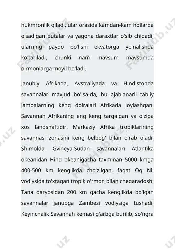 rning bitta turlari mavjud; ba'zida ulardagi o'tlar insonning balandligidagi qopqoqni hosil qiladi; o'simliklar orasidagi gullash, dukkakli, gibnotsvetnye va boshqalar orasida o'sib boradi. yilning ko'plab yomg'irlari orinoko to'kilmasligi bilan suv bosadi. savanna o'simliklari odatda quruq kontinental iqlimi va bir necha savannahlarda sodir bo'lgan davriy qurg'oqchiliklarga odatlangan. o'tlar va boshqa o'tlar kamdan-kam hollarda surgun kurtaklar hosil qiladi va odatda laligasi bilan o'sadi. o'simliklar barglari tor, quruq, qattiq, tüylü yoki mumlu bir qoplama bilan qoplangan. o'simliklar va urg'ochilarda yosh barglar kolba ichiga o'ralib qoladi. daraxtlarda, yaproqlar sayoz, tüylü, yorqin ("vernikli") yoki mumlu bir qoplama bilan qoplangan. savannalar o'simliklari odatda aniq kserofitik xarakterga ega. ko'pgina turlarda katta miqdordagi efir moylari, xususan, vena, turp va mirtalar oilalari mavjud. ko'p yillik o'simliklar, mo'ynali daraxtlar (va butalar), xususan, erga joylashtirilgan asosiy qismi (ehtimol ildiz va ildizlar) g'ayritabiiy tuberiforma odunsu tanaga aylanadi, bulardan ko'plari, asosan, unbranched yoki zaif dallol, mo'ylovlar. quruq mavsumda savannalarning o'simliklari to'xtaydi; savannalar sarg'ayadi va …
