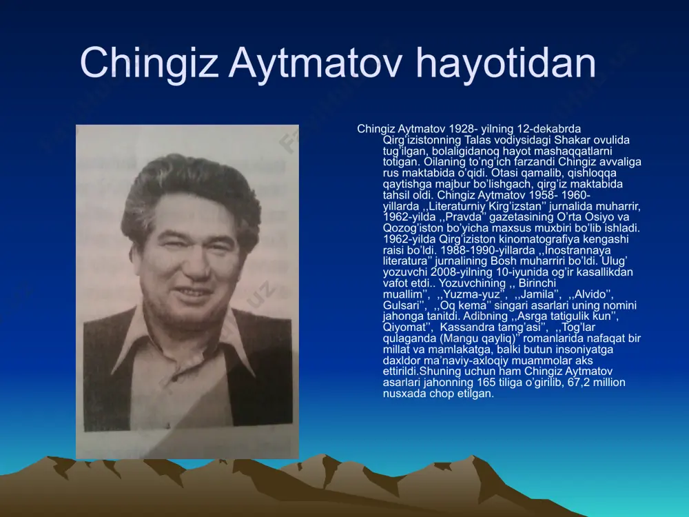 ni ko’rgan. manqurtlar haqidagi rivoyat ,,asrga tatigulik kun’’ romanining butkul zamonaviy ahamiyatini belgilovchi eng muhim qism va romanning butkul hujayralariga singib ketgan yetakchi g’oyalardan birining manbaidir. ,,qiyomat’’ romani haqida: chingiz aytmatovning ,,qiyomat’’ romanida ezgulik va oliyjanoblikning, yaxshilik va tog’rilikning, adolat va haqgo’ylikning qiyomat-qoyin darajasiga tushayotgan holatlari tabiat, jamiyat, ilson va iymon muammolarini aks ettirish orqali ko’rsatiladi. ezgulikning insonparvar asoslarini chingiz aytmatov bo’ston obrazi orqali ilgari suradi. avdiyni an’anaviy yo’sindagi yaxshi yoki yomon kishi obrazi deb atash qiyin. u murkkab obrazdir. shu fikrdan kelib chiqib, ,,qiyomat’’ romanining bosh qahramoni iso ham avdiy kalistratov ham, bo’ston ham yohud akbara va toshchaynar ham emas, balki ularning barchasini birlashtirib turuvchi imondir, deb aytish mumkin. ,,qiyomat’’ romanida bolasini qidirayotgan akbara timsoli… «kassandra tamg‘asi» romani chinakam falsafiy kashfiyot bo‘ldi. aytmatov shafqatsizlik, jinoyatlar, zulmkorlik, vahshiylikning bugungi ekilgan urug‘laridan qanday dahshatli nihollar unib chiqishini ko‘rsatdi. yer shari axloqiy muammolar sinab ko‘riladigan poligon bo‘lib qolayotir. insoniyat falokat yoqasida turibdi. …