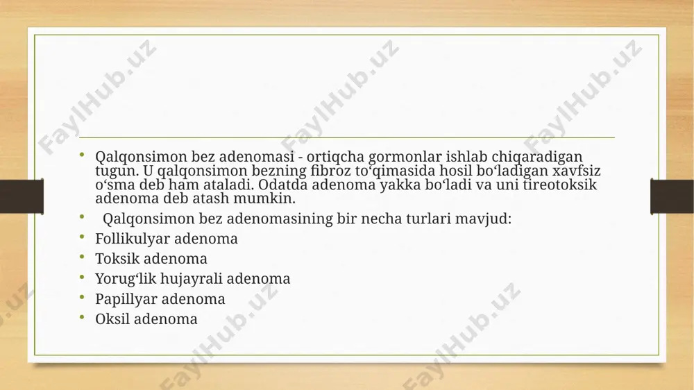 , propitsilni qabul qilish) gemitireoidektomiya (qalqonsimon bezning zararlangan qismini olib tashlash) adenomani spirtli eritma bilan sklerozlash radioaktiv yod bilan davolash xavf qalqonsimon bez adenomasi aniqlanganda vahimaga tushish kerak emas. ko‘pchilik hollarda bu yaxshi sifatli hosila bo‘lib, kamdan kam hollarda xavfli bo‘lib qoladi. agar mutaxassislarga murojaat qilinsa va shifokor tavsiyalariga amal qilinsa, umuman olganda, davolashning oqibati yaxshi bo‘ladi. oldini olish qalqonsimon bez adenomasining oldini olish uchun quyidagilar tavsiya etiladi: sog‘lom turmush tarzini olib borish; endokrinologga muntazam ravishda tashrif buyurishi; gormonal preparatlarni qabul qilishda ehtiyotkorlik bilan yondashish; sanatoriy-kurort zonalarida vaqti-vaqti bilan sog‘lomlashishga; atrof-muhitning salomatlikka salbiy ta’siridan saqlanish. image5.png image6.png image3.png image4.png /docprops/thumbnail.jpeg