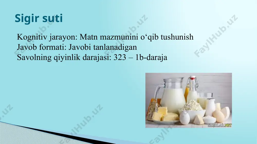 matnning asosiy mazmuni nimadan iborat? ○ sut mahsulotlari tana vaznini kamayishiga olib kelishini ta’kidlashdan. ○ “fermadan do‘kongacha” korxonasida ishlab chiqarilayotgan sut mahsulotlarini boshqa sut mahsulotlari bilan taqqoslashdan. ○ aholini yurak bilan bog‘liq kasalliklardan ogohlantirishdan. ○ “fermadan do‘kongacha” korxonasida ishlab chiqarilayotgan sut mahsulotlarini iste’mol qilishga undashdan. sutning ozuqaviy qiymati: behisob foyda! “fermadan do‘kongacha” korxonasida ishlab chiqarilayotgan sut tarkibida kalsiy, oqsil, vitamin d, vitamin b12, riboflavin va kaliy kabi foydali mikroelementlar mavjud. ushbu vitaminlar va foydali minerallar korxonada ishlab chiqarilayotgan sut mahsulotlarini to‘g‘ri ovqatlanish ratsionining eng muhim qismi ekanini ko‘rsatadi. sut mahsulotlarining har kunlik iste’moli inson organizmi uchun kerakli vitamin va minerallarlar bilan ta’minlaydi. “fermadan do‘kongacha” korxonasida ishlab chiqarilayotgan sut mahsulotlari tana vaznining ortib ketishini oldini oladi va kerakli tana vaznini saqlashga yordam beradi. bundan tashqari, sut suyaklarning mustahkamligini va zichligini ham oshiradi. hattoki,sut yurak-qon tomir faoliyatini yaxshilaydi va saraton kasalining yuzaga kelishini oldini oladi. bir stakan sut iste’mol qilish inson organizmini …