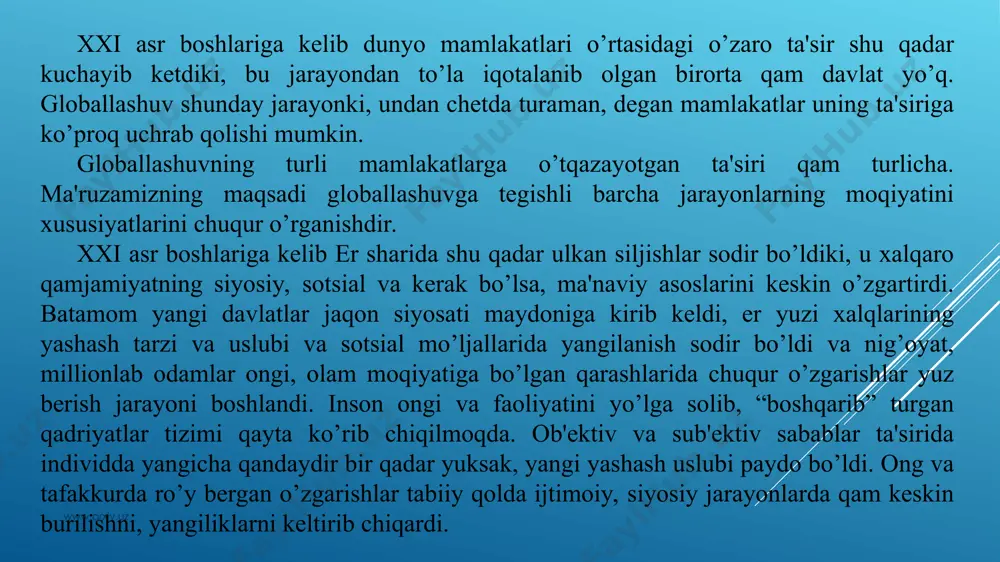 muqarrar ravishda jaqon siyosati miqyosida, butun dunyo ko’lamidagi mеzonlar bilan o’lchanadigan muammolar sifatida aqamiyat kasb etmoqda. qozirgi kunda ilmiy kashfiyotlar, jiddiy tеxnikaviy imkoniyatlar, univеrsal tеxnologiyalar, axborot tarqatishning globallashuvi, ya'ni ularning butun kurrai zaminni qamrab olish jarayoni shiddat bilan bormoqda. www.arxiv.uz www.arxiv.uz masalan, intеrnеt tizimi orqali axborot almashuvi, umuman olganda axborot sohasidagi globallashuv insoniyat uchun, dunyoning barcha xududlaridagi odamlarning o’zaro muloqoti uchun, ilm – fan va madaniy boyliklarni o’zlashtirish uchun ulkan imkoniyatlar yaratadigan jarayondir. dеmak, hozirgi zamonda g’oyaviy ta'sir o’tqazish imkoniyatlari tobora kеngaymoqda. www.arxiv.uz www.arxiv.uz www.arxiv.uz www.arxiv.uz ikkinchi savolimizda globallashuvning milliy ma'naviyatga o’tqazayotgan va o’tqazish mumkin bo’lgan ta'siri qaqida fikr yuritamiz. ma'naviyatni qam bir uyga qiyoslasak, tashqaridan kirayotgan shamol uy ichidagi narsalarni ostin – ustin qilib tashlashini qеch bir xonadon soqibi istamaydi. xuddi shu kabi biron – bir xudud yoki mamlakatda paydo bo’layotgan g’oyalar tеz fursatda (masalan, intеrnеt orqali) butun jaqonga yoyilishi mumkin. bunday vaziyatda o’z mustaqil fikriga, sobit e'tiqodiga, mustaqkam …