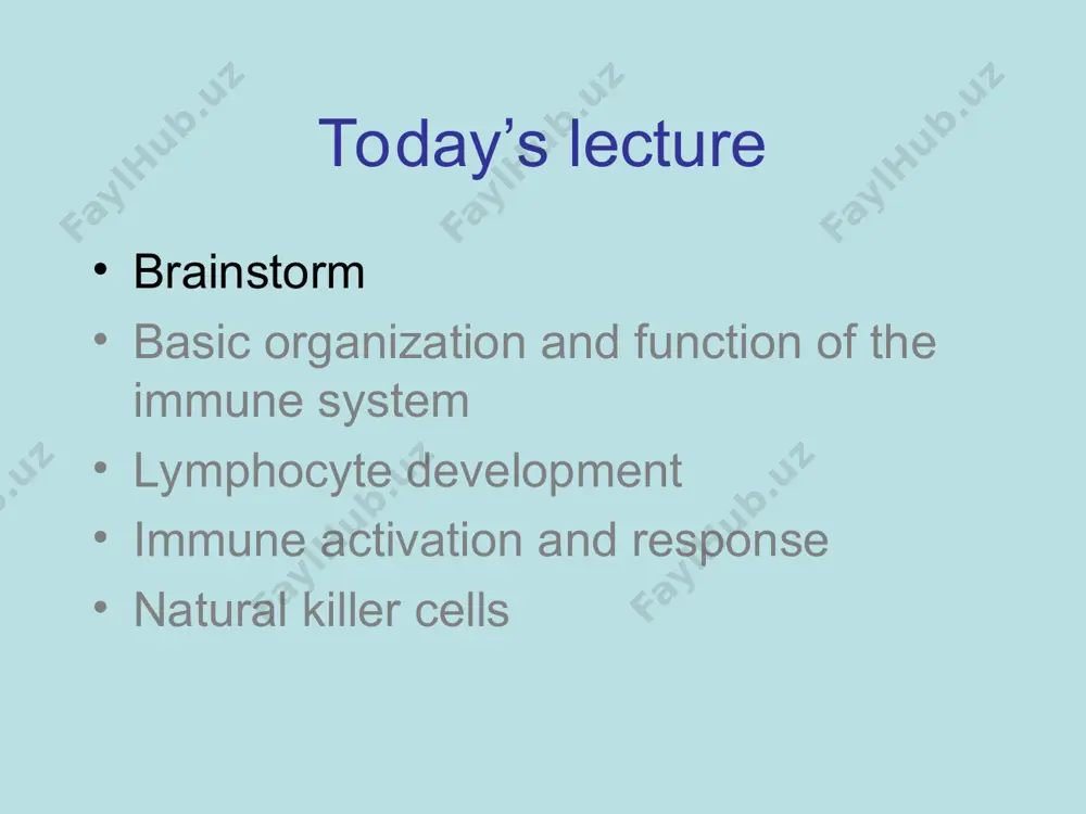 ural killer cells and macrophages * today’s lecture brainstorm basic organization and function of the immune system lymphocyte development immune activation and response immune suppression and tolerance * why do stem cell transplants fail? immune issues impact stem cell therapies major histocompatibility complex is a person’s combination of cell surface proteins that lymphocytes use to tell “self” from “non-self” allogeneic transplants fail because there isn’t a match, and lymphocytes destroy the non-self cells allogeneic: taken from different individuals of the same species. two or more individuals are said to be allogeneic to one another when the genes at one or more loci are not identical. you may wish to talk about graft vs. host disease, another reason why stem cell transplants fail. here, immune cells from the donor are inevitably transplanted along with the stem cells. these will attack the patient’s tissues (invade from the outside). * immune tolerance research …