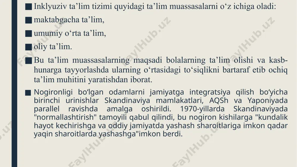 vizual ravishda qabul qiladi. ko‘rsatib tushuntira olmagan qismini imo-ishora bilan tushuntiradi. aqliy faoliyati yengil darajadagi o‘quvchilar: o‘quv materiallarini kompleks ravishda barcha analizatorlariga ta'sir etgan holda olib boradi. ijodiy imkoniyatlari mavjud bolalarni harakat imkoniyati cheklangan o‘quvchilarning qiziqishlarini qo‘llab imkoniyat yaratib borish va kasbga yo‘naltirish. xalq ta'limi vazirligi, bolalar ijtimoiy moslashuv markazi hamda yevropa ittifoqi hamkorligida, 2014 yil mart oyidan boshlab, respublikaning 5 ta viloyatining 15 ta maktabida “inklyuziv ta'lim” loyihasi amalga oshirilgan va bugungi kunda loyiha doirasida 800 nafardan ortiq bolalar inklyuziv sinflarda tahsil olmoqdalar. inklyuziv ta'lim quyidagi hududlarda tashkil etilgan: toshkent shahar shayxontohur tumani (324-maktab (resurs markaz), 34-,85-maktablar); namangan viloyati namangan shahri (11-maktab (resurs markaz), 5-, 28-maktablar); samarqand viloyati samarqand shahar (17-maktab (resurs markaz), 13-, 35-, 45-maktablar); xorazm viloyati urganch shahar (10-maktab (resurs markaz), 8-, 22-maktablar); surxondaryo viloyati termiz shahar (3-maktab (resurs markaz), 4-, 10-maktablar). jadvalda inklyuziv ta’limning ijobiy va salbiy tomonlari ijobiy tomonlari salbiy tomonlari qobiliyati va imkoniyatlaridan qat'i …