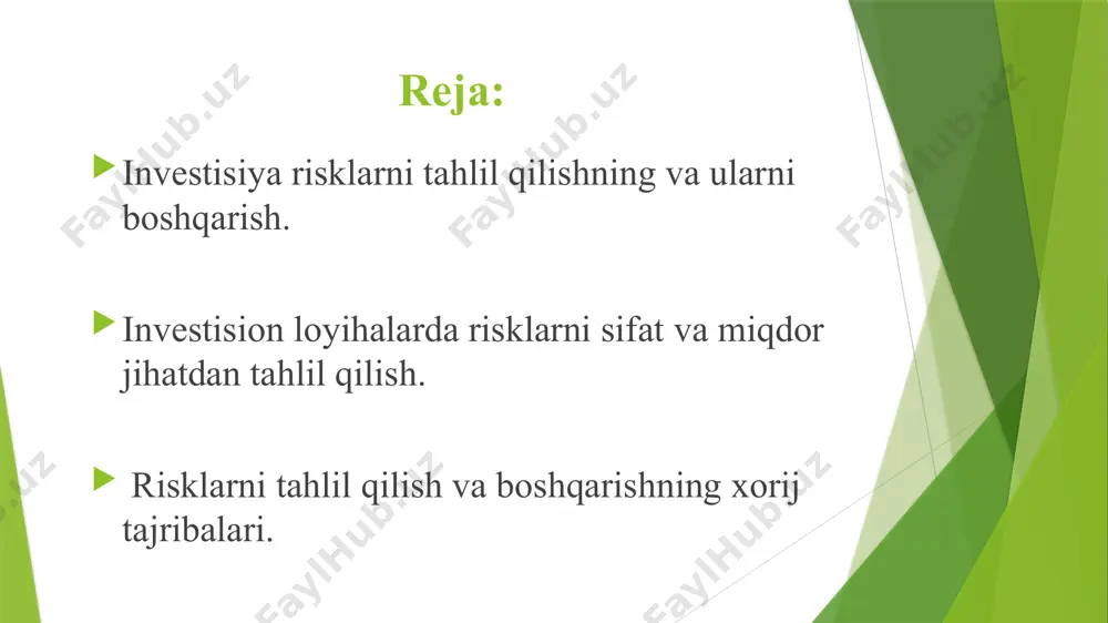 i boshqarishni rejalashtirish. risklarni boshqarishni rejalashtirish deganda aniq loyiha bo‘yicha boshqarishni rejalashtirish va qarorlarni qabul qilish jarayoni tushuniladi. shuningdek, mazkur jarayon o‘z ichiga loyiha risklarini boshqarish jarayonini kadrlar bilan ta'minlashni tashkil etishni ham qamrab olishi lozim. risklarni tasniflash. risklarni tasniflash jarayoni doirasida loyihaga haqiqatan ham ta'sir ko‘rsatishi mumkin bo‘lgan risklar aniqlanadi va bu risklarning tasnifi keltiriladi. shuni ta'kidlash lozimki, investisiya loyihalarini amalga oshirishda risklarni tasniflash ularni boshqarishning eng muhim jarayonlaridan hisoblanadi. risklarni sifat jihatdan baholash. risklarni sifat jihatdan baholash - loyihada tasniflangan risklarning sifat tahlilini amalga oshirish va ulardan eng xatarlilarini ajratib olishdir. risklarni sifatli baholash risklarning paydo bo‘lish shart-sharoitlarini baholashni va ularning standart yoki nostandart usullar va vositalar bilan loyihaga ta'siri aniqlanadi risklarni miqdoriy baholash. iqtisodiy adabiyotlarda risklarni miqdoriy baholash sifatida risklarning paydo bo‘lish ehtimolligini aniqlash va ularning loyihaga ta'siri tushuniladi. risklarni rejalashtirish (aniqlash) va ularni hal etish uslublarini tanlash. iqtisodiy adabiyotlarda risklarni rejalashtirish (aniqlash) va ularni hal etish …