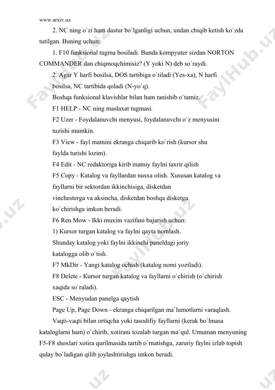 chun chaqirish shift – f5 - katalog yoki fayldan nusxa olish. shift – f6 - katalog yoki faylni qayta nomlash yoki ko`chirish. shift – f8 - katalog yoki faylni o`chirish. shift – f9 – nc ishlash tartibi ko`rsatkichlarini saqlab qo`yish. shift – f10 - f9 bilan bir xil. ctrl – f1 - chap panelni ekrandan olish. ctrl – f2 - o`ng panelni ekrandan olish. ctrl – f3 - кatalog va fayllar nomlari bo`yicha alifbo tartibda chiqariladi. ctrl – f4 - кatalog va fayllar kengaytmalari bo`yicha alifbo tartibda chiqariladi. ctrl – f5 - кatalog va fayllar yaratilgan vaqti bo`yicha chiqariladi. ctrl – f6 - fayllar o`lchamlari (baytlarda) bo`yicha chiqariladi. ctrl – f7 - asl tartibiga qaytariladi. ctrl – f9 - кursor turgan fayl printerga chiqariladi. alt-f1 - chap panelga sektorlar ro`yxatini chiqarish. alt-f2 - o`ng panelga sektorlar ro`yxatini chiqarish. bu ikki amal ish jarayonida ko`p qo`llaniladi. shuning uchun bu amalda batafsil …