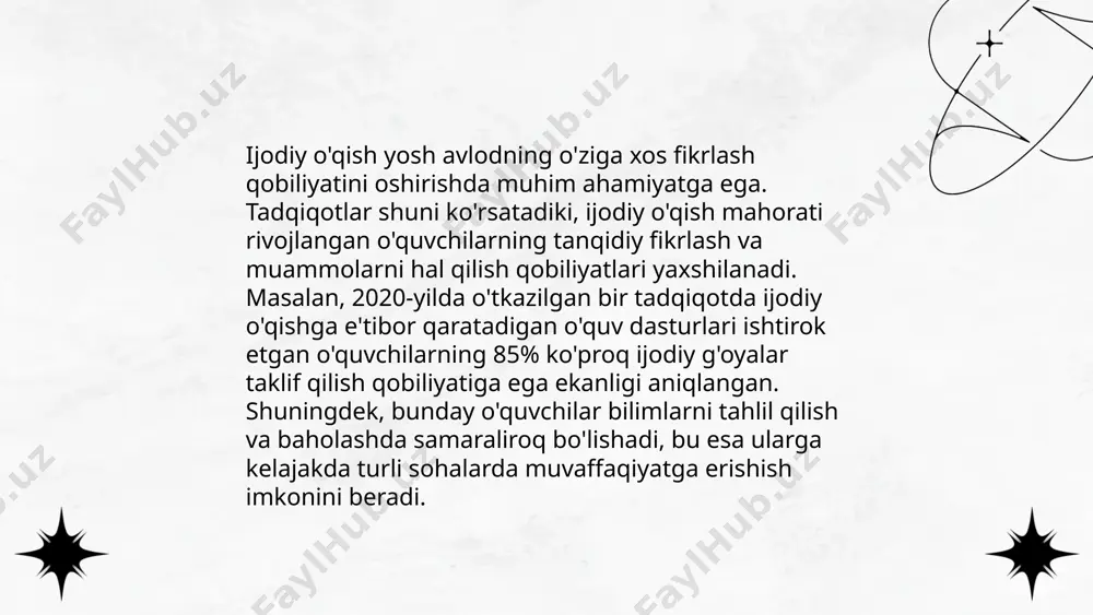8-10 yoshdagi bolalarning mantiqiy va ijodiy imkoniyatlarini rivojlantirsa bo'ladi. katta yoshdagi talabalarga esa turli kurslar va seminarlar orqali ijodkorlikni rag'batlantirish lozim. kitob o'qish bilan bir qatorda 90 daqiqalik ijodiy mashg'ulotlar ham foydali bo'lishi mumkin. muhimi, hamma jarayon o'yin yoki qiziqarli faoliyat bilan bog'langan bo'lsa, ijodiy fikrlash samaradorligi ortadi. adabiyot darslarida ijodali oʻqishning talab va meʼyorlari oliy taʼlim, fan va innovatsiyalar vazirligi urganch davlat pedagogika instituti filologiya va tarix fakulteti oʻzbek tili va adabiyoti yoʻnalishi 222-guruh talabasi ismoilova oyshajonning adabiyot oʻqitish metodikasi fanidan tayyorlagan taqdimoti e'tiboringiz uchun raxmat! image1.png image2.png image3.jpg image4.png image5.png image6.jpg image7.png /docprops/thumbnail.jpeg
