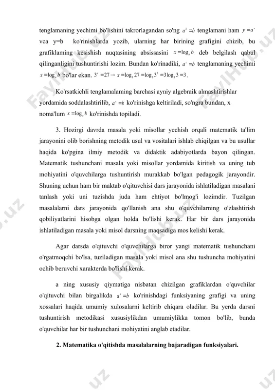 rgi zamon didaktikasida a.d.semushin, k.i.neshkov va yu.m.kolyagin, j.ikromov, t.to'laganov va n.g'aybullaev kabi metodist matematiklar matematika kursidagi masala va misollarning bajaradigan funksiyasini quyidagicha turlarga ajratishadi: -masalaning ta'limiy funksiyasi. -masalaning tarbiyaviy funksiyasi. -masalaning rivojlantiruvchi xarakterdagi funksiyasi. -masalaning tekshiruv xarakterdagi funksiyasi. masalaning matematika darsi jarayonida bajaradigan funksiyalarini alohida-alohida ko'rib chiqamiz. 1. masalaning ta'limiy funksiyasi asosan maktab matematika kursida o'rganilgan nazariy ma'lumot, matematik tushuncha, aksioma, teorema va matematik xulosalar, qonun-qoidalarning aniq masala yoki misollarga tadbiqi natijasida o'quvchilarda mustahkam matematik bilim va malakalar hosil qilish orqali amalga oshiriladi. o'qituvchi ikki burchak yig'indisi va ayirmasining sinusi teoremasini o'tib bo'lganidan keyin, ana shu mavzu materialini o'quvchilar ongida mustahkamlash uchun quyidagicha misollarni yechish mumkin. maktab matematika kursidagi masala yoki misollarni yechish o'quvchilarda matematik malaka va ko'nikmalarni shakllantiribgina qolmay, balki olingan nazariy bilimlami amaliyotga tadbiq qila olishini ham ko'rsatadi. agar o'qituvchi kvadrat tenglama mavzusini o'tib uni, mustahkamlash jarayonida kvadrat tenglamaga keltiriladigan masalalami yechib ko'rsatsa, o'quvchilarni ana shu mavzu materiali …