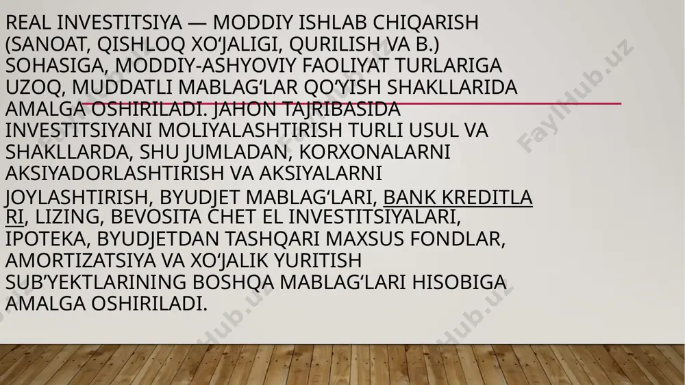 n foydalanishga bo‘lgan konsessiyalarni olish; mulk huquqini, shu jumladan ular joylashgan yer uchastkalari bilan birgalikda savdo va xizmat ko‘rsatish sohalari obyektlariga, turar joylarga mulk huquqini, shuningdek yerga hamda boshqa tabiiy resurslarga egalik qilish va ulardan foydalanish (shu jumladan ijara asosida foydalanish) huquqini qonun hujjatlariga muvofiq olish. investorlar investitsiyalarni qonun hujjatlariga zid bo‘lmagan boshqa shakllarda ham amalga oshirishlari mumkin. investitsiyalar birlamchi yoki takroran qo‘shiladigan shakllarining o‘zgartirilishi ularning investitsiyalar sifatidagi darajasining o‘zgarishiga olib kelmaydi. investitsiya resurslari investitsiya resurslari jumlasiga quyidagilar kiradi: pul va boshqa moliyaviy mablag‘lar, shu jumladan kreditlar, paylar, aksiyalar va boshqa qimmatli qog‘ozlar; ko‘char va ko‘chmas mol-mulk (binolar, inshootlar, uskunalar va boshqa moddiy boyliklar) hamda ularga doir huquqlar; intellektual mulk obyektlari, shu jumladan texnikaviy hujjatlar tarzida tuzilgan texnikaga, texnologiyaga, tijoratga oid va boshqa bilimlar majmui, u yoki bu turdagi ishlab chiqarishni tashkil etish uchun zarur bo‘lgan bilimlar va ishlab chiqarish tajribasi, nou-xau; erga va boshqa tabiiy resurslarga, binolar, inshootlar, uskunalarga …