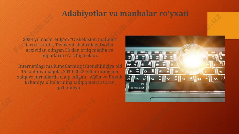 2003 yildagidan ko'ra dolzarb bo'lishi mumkin, shuningdek, manbaning geografik joylashuvi (masalan, aqsh yoki o'zbekiston) ham muhim ahamiyatga ega. yangiliklar saytlarining ishonchliligi самарқанд вилоятидаги 7 та онлайн нашрнинг 4 тасида манбаларни кўрсатмаслик ва ноаниқ маълумотлар бериш ҳолатлари кузатилган, бу эса уларнинг объективлигига шубҳа уйғотади. 2023 йилда ўтказилган сўровномаларга кўра, ўзбекистондаги 10 та энг оммабоп янгилик сайтининг фақат 3 тасидагина факт текшириш жараёни мавжуд эканлиги аниқланди. matbuot va internetdagi axborot manbalarining ishonchliligi toshkentdagi 3 ta gazeta tahririyatining soʻrovnomalariga koʻra, oʻquvchilarning 70% internetdagi axborotlarning aniqligiga shubha bilan qaraydi. jahon boʻyicha 2023-yilgi tadqiqotlar shuni koʻrsatdiki, ijtimoiy tarmoqlardagi yangiliklarning 40% dan ortigʻi manba koʻrsatilmagan holda tarqatiladi, bu esa ularning ishonchliligini pasaytiradi. axborotni tekshirish va tasdiqlash usullari manba muallifining vakolati va ekspertligi, shu jumladan uning nashrlar ro'yxati va 5 yildan ortiq tajribasi, ma'lumotning ishonchliligini baholashda muhim omil hisoblanadi. masalan, o'zbekiston milliy ensiklopediyasi ma'lumotlarining ishonchliligi yuqori. rasmiy hukumat saytlari, xalqaro tashkilotlarning (masalan, bmt) veb-saytlari va akademik jurnallar, …