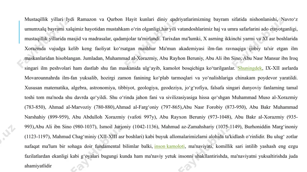 ligi, xususan, zardushtiylik dinida komillikning asosi ezgu fikr, ezgu so‘z va ezgu amal (harakat) dan iborat ekanligi ta'kidlansa, islom ta'limoti g‘oyalariga ko‘ra yetuklikning bosh mezoni – ilmlilik, bilimli bo‘lish kabi g‘oyalar asosida ma'naviy dunyoqarashini shakllantirish zarur hisoblanadi. o’zbekiston hududida xalqning ulug’vor va shonli tarixiga oid 2000 dan ortiq yodgorliklar ta’mirlandi. o’zbek xalqining ming yillar davomida shakllangan, mustamlakachilik davrida oyoq-osti qilingan, insonparvar urf-odatlari va an’analari, madaniy qadriyatlari ehtiyotlab tiklandi va yangi ma’no-mazmun bilan boyitildi. maqomchilar, to’y-marosim qo’shiqlari, shoir-baxshilar va folklor-etnografik dastalarning o’nlab ko’rik-tanlovlari o’tkazildi. pianinochi va skripkachilarning simfonik va kamer musiqalari, zamonaviy estrada guruhlarining festival va tanlovlari bo’lib o’tmoqda. 1997 yildan e’tiboran “sharq taronalari”, prezident sh.mirziyoyev qaroriga binoan 2018 yildan e’tiboran “maqom”, “baxshichilik” xalqaro festivallari o’tkazib kelinmoqda. mamlakatimizda o’zbek tilining xalq va davlat turmushidagi o’rni va ahamiyati qayta tiklandi. davlat tili haqidagi qonunda o’zbek tili o’zbek xalqining ma’naviy mulki ekanligi, uning ravnaqi, qo’llanilishi va muhofazasi davlat tomonidan ta’minlanishi belgilab qo’yildi. oliy …