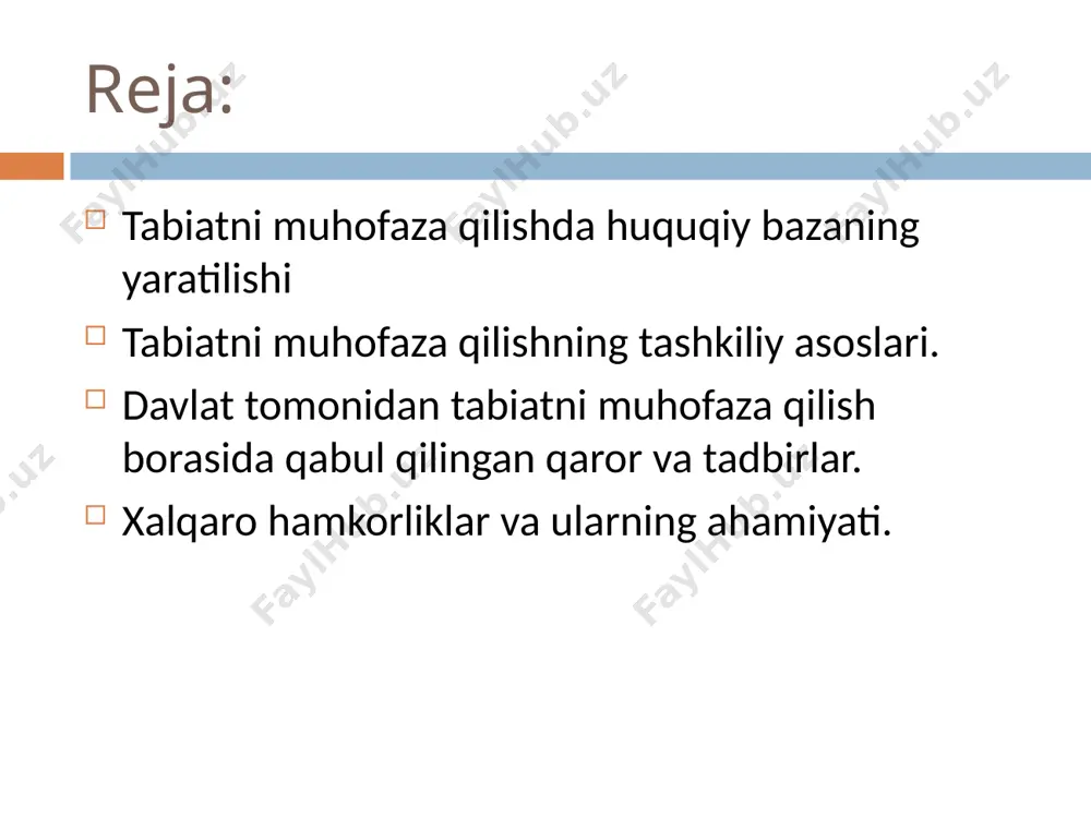 6 yil 27 dekabrda “atmosfera havosini muhofaza qilish haqida”gi qonun qabul qilindi. unda atmosfera havosining tabiiy tarkibini saqlash, uni zararli moddalar bilan ifloslanishini oldini olish, davlat organlari, korxonalar va fuqarolarning havoni muhofaza qilishdagi huquqiy vazifalarini tartibga solish va boshqalar qayd etilgan orol dengizi shurtan gaz o`zbekistonning bozor munosabatlariga o`tishi tabiatni muhofaza qilish faoliyatini boshqarishda iqtisodiy usullarga murojaat qilish bilan tabiatdan foydalanishda pullik tamoyilni tatbiq qilishga imkon beradi. iqtisodiy tadbirlarning tatbiq qilinishi ifloslanib borayotgan tabiiy muhitning tozalanishiga, ekologik buxrondan tezroq chiqishga asos yaratadi. ushbu tamoyilni qo`llash “tabiatni muhofaza qilish to`risida”gi qonunda ham har taraflama asoslangan foydalanilgan adabiyotlar i.a.karimov. tarixiy xotirasiz kelajak yo’q. t., “sharq”, 1998. i.a.karimov. o’zbekiston buyuk kelajak sari. t., “o’zbekiston”, 1998. i.a.karimov. o’zbekiston xxi asrga intilmoqda. t., “o’zbekiston”, 1999. jabborov n. kimyo va atrof muhit. t., “o’qituvchi”1992. barotov p. tabiatni muhofaza qilish. t., “o’qituvchi”1991. shodimetov yu. ijtimoiy ekologiyaga kirish. i, ii qism, t., “o’qituvchi”1994. otaboyev sh. nabiyev m. inson …