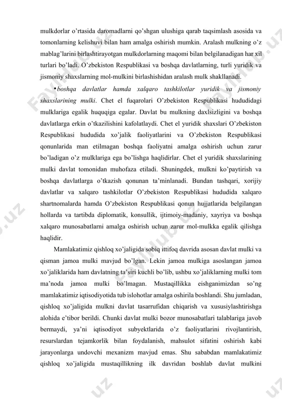 timoiy-madaniy, xayriya va boshqa xalqaro munosabatlarni amalga oshirish uchun zarur mol-mulkka egalik qilishga haqlidir. mamlakatimiz qishloq xo’jaligida sobiq ittifoq davrida asosan davlat mulki va qisman jamoa mulki mavjud bo’lgan. lekin jamoa mulkiga asoslangan jamoa xo’jaliklarida ham davlatning ta’siri kuchli bo’lib, ushbu xo’jaliklarning mulki tom ma’noda jamoa mulki bo’lmagan. mustaqillikka eishganimizdan so’ng mamlakatimiz iqtisodiyotida tub islohotlar amalga oshirila boshlandi. shu jumladan, qishloq xo’jaligida mulkni davlat tasarrufidan chiqarish va xususiylashtirishga alohida e’tibor berildi. chunki davlat mulki bozor munosabatlari talablariga javob bermaydi, ya’ni iqtisodiyot subyektlarida o’z faoliyatlarini rivojlantirish, resurslardan tejamkorlik bilan foydalanish, mahsulot sifatini oshirish kabi jarayonlarga undovchi mexanizm mavjud emas. shu sababdan mamlakatimiz qishloq xo’jaligida mustaqillikning ilk davridan boshlab davlat mulkini xususiylashtirishga va bozor munosabatlari sharoitiga mos mulk shakllarini joriy etishga alohida e’tibor berildi. shu maqsadda mamlakatimiz qishloq xo’jaligi tarmog’ida jamoa mulki va xususiy mulkchilikka ustuvorlik berildi. 2. qishloq xo’jaligida mavjud tadbirkorlik shakllari, ularning tashkil etilishi va rivojlanishi. respublikamiz qishloq xo’jaligida mustaqillikning …