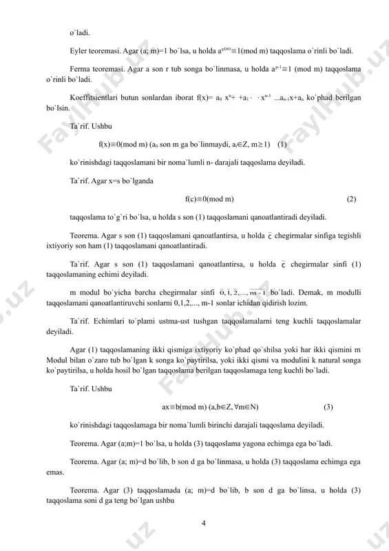 ma o`rinli bo`ladi. natija. taqqoslamada qatnashuvchi qo`shiluvchini o`zi bilan teng qoldiqli bo`lgan ikkinchi songa almashtirish mumkin. 70. taqqoslamaning ikki qismini modul bilan o`zaro tub bo`lgan ko`paytuvchiga qisqartirish mumkin. 80. taqqoslamaning ikki qismini va modulini bir xil musbat songa ko`paytirish, taqqoslamaning ikki qismi va moduli umumiy ko`paytuvchiga ega bo`lsa, u xolda bu taqqoslamaning ikki qismi va modulini bu umumiy ko`paytuvchiga bo`lish mumkin. 90. agar taqqoslama bir necha modul bo`yicha o`rinli bo`lsa, u holda bu taqqoslama shu modullarning eng kichik umumiy bo`linuvchisi bo`yicha ham o`rinli bo`ladi. 100. agar taqqoslama biror m modul bo`yicha o`rinli bo`lsa, u holda bu takdoslama modulning ixtiyoriy buluvchisi buyicha ham o`rinli bo`ladi. 110. taqqoslamaning bir qismi va modulining ekub bilan uning ikkinchi qismi va modulining ekub o`zaro teng bo`ladi. barcha butun sonlarni m(l natural songa bo`lganda 0, 1, 2, ..., m-1 qoldiqlar hosil bo`ladi. bunday har bir qoldiqqa butun sonlarning biror sinfi mos keladi. ta`rif. m ga bo`linganda …