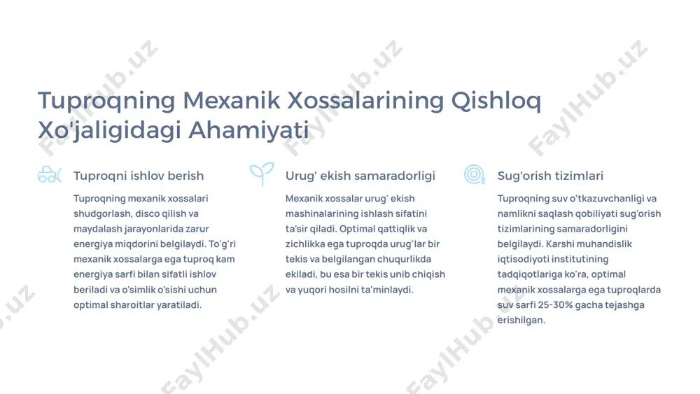 aligidagi ahamiyati 2. tuproq fizikasi va mexanikasi nima? 3.tuproqning mexanik xossalarini o'lchash usullari 4.zamonaviy tadqiqotlar va texnologiyalar 5. tuproqning fizik mexanik xossalarini yaxshilash yo'llari tuproq fizikasi va mexanikasi nima? fizik xossalar tuproqning fizik xossalari uning tarkibiy qismlarining o'zaro joylashishi va tuzilishini belgilaydi. eng muhim fizik xossalarga tuproqning zichligi, namlik miqdori va mexanik tuzilmasi kiradi. bu xossalar tuproqning suv o'tkazuvchanligini, havo almashuvini va ildiz tizimining rivojlanishini bevosita ta'sir qiladi. zichlik - tuproqning hajm birligidagi massa namlik miqdori - tuproqdagi suv tarkibi mexanik tuzilma - tuproq zarralarining o'lchamlari mexanik xossalar mexanik xossalar tuproqning tashqi kuchlar ta'siriga qarshi turish qobiliyatini belgilaydi. qattiqlik, deformatsiya va elastiklik kabi xossalar qishloq xo'jaligi mashinalarining tuproq bilan o'zaro ta'sirini va energiya sarfini to'g'ridan-to'g'ri aniqlaydi. tuproqning mexanik xossalarining qishloq xo'jaligidagi ahamiyati tuproqni ishlov berish tuproqning mexanik xossalari shudgorlash, disco qilish va maydalash jarayonlarida zarur energiya miqdorini belgilaydi. to'g'ri mexanik xossalarga ega tuproq kam energiya sarfi bilan sifatli ishlov beriladi …