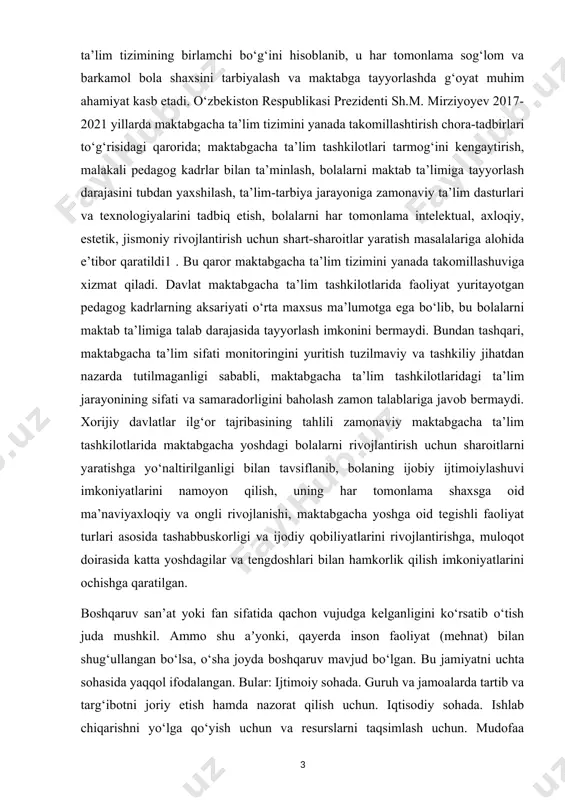 lash zamon talablariga javob bermaydi. xorijiy davlatlar ilg‘or tajribasining tahlili zamonaviy maktabgacha ta’lim tashkilotlarida maktabgacha yoshdagi bolalarni rivojlantirish uchun sharoitlarni yaratishga yo‘naltirilganligi bilan tavsiflanib, bolaning ijobiy ijtimoiylashuvi imkoniyatlarini namoyon qilish, uning har tomonlama shaxsga oid ma’naviyaxloqiy va ongli rivojlanishi, maktabgacha yoshga oid tegishli faoliyat turlari asosida tashabbuskorligi va ijodiy qobiliyatlarini rivojlantirishga, muloqot doirasida katta yoshdagilar va tengdoshlari bilan hamkorlik qilish imkoniyatlarini ochishga qaratilgan. boshqaruv san’at yoki fan sifatida qachon vujudga kelganligini ko‘rsatib o‘tish juda mushkil. ammo shu aʼyonki, qayerda inson faoliyat (mehnat) bilan shug‘ullangan bo‘lsa, o‘sha joyda boshqaruv mavjud bo‘lgan. bu jamiyatni uchta sohasida yaqqol ifodalangan. bular: ijtimoiy sohada. guruh va jamoalarda tartib va targ‘ibotni joriy etish hamda nazorat qilish uchun. iqtisodiy sohada. ishlab chiqarishni yo‘lga qo‘yish uchun va resurslarni taqsimlash uchun. mudofaa sohasida. dushmanlardan va vahshiy hayvonlardan, tabiat ofatlari kabilardan himoyalanish uchun. bu holatni inobatga olib, ta’kidlash mumkinki “boshqaruv deb, belgilab olingan aniq maqsadga muvofiq, u yoki bu natijaga …