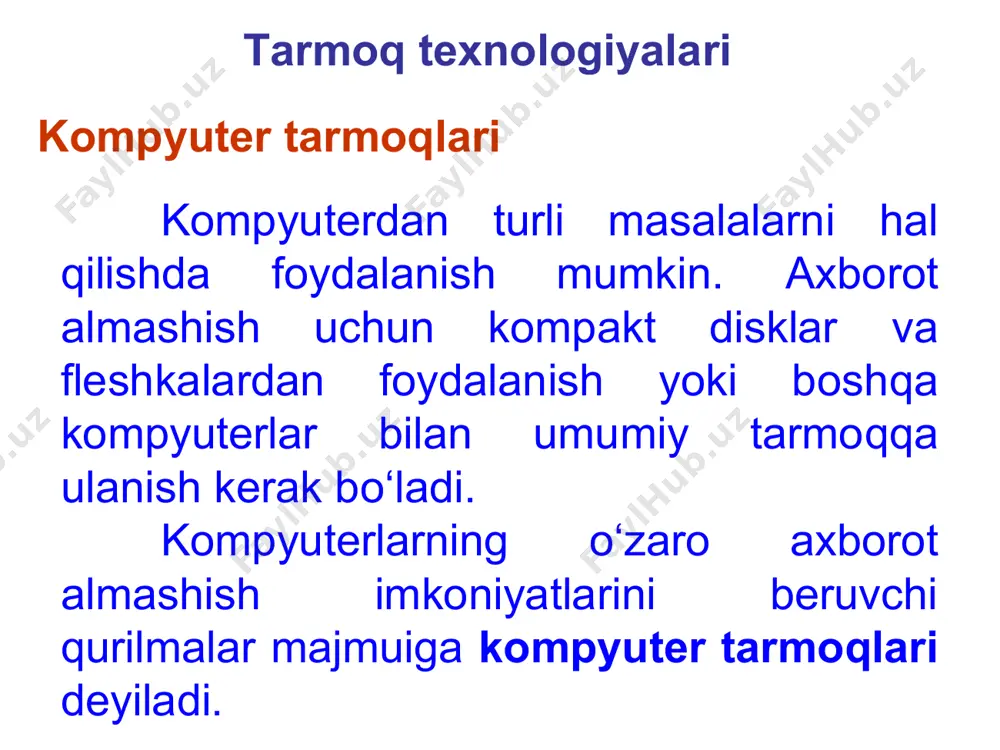 u — kerakli manzilga axborot blogini uzatish yo‘lini aniqlash jarayonidir. seleksiyalash — tegishli manzildagi axborotni saralash demakdir. lokal tarmoqlar seleksiyalash orqali axborotni bir abonent tizimidan boshqa tizimga uzatishni ta'minlaydi. lokal tarmoqda axborotni uzatish uchun axborotni marshrutlash va seleksiyalash lozim bo‘ladi. mintaqaviy tarmoq — biror tuman, viloyat yoki respublika miqyosidagi kompyuterlarni o‘zida mujassamlashtirgan tarmoq. bunday tarmoqda bir nechta markazlashgan (ya'ni lokal tarmoqlarni birlashtiruvchi) juda quvvatli serverlar mavjud bo‘ladi va bunday serverlar o‘rtasidagi axborot aloqa kabeli, optik tolali yoki sun'iy yo‘ldosh radioaloqa kanallari yordamida uzatiladi. global tarmoq — dunyoning ixtiyoriy davlatidagi kompyuterlarni o‘zida birlashtirish imkoniga ega bo‘lgan tarmoq. bu tarmoq internet (internet) deb ham yuritiladi. 3-rasm. global tarmoqni tashkil etilishi internet bilan birga intranet tushunchasi ham ishlatiladi. intranet — bu internet texnologiyasi, dastur ta'minoti va bayonnomalari (protokollari) asosida tashkil etilgan, ma'lumotlar ombori va elektron jadvallar bilan jamoa bo‘lib ishlash imkonini beruvchi korxona yoki tashkilot miqyosidagi yangi axborot muhitini tashkil etuvchi kompyuter tarmog‘idir. …
