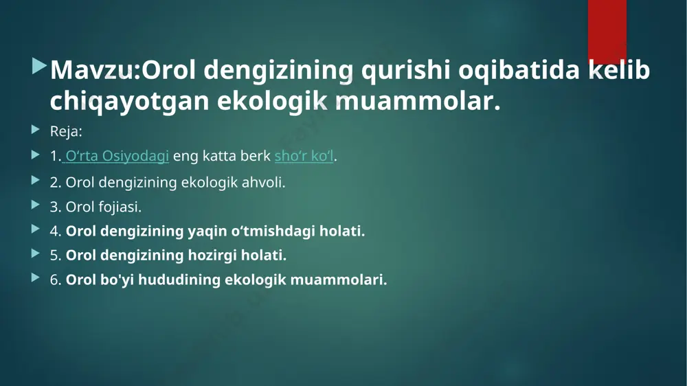 kaspiyga quyilgan, suv sathi ancha baland boʻlib, jan.vajan.-sharqidagi bir necha ming km² maydonli sohil suv ostida boʻlgan. orol dengizi unchalik chuqur emas. chuqur joylari gʻarbiy qismida. qoraqalpogʻiston ustyurta yonida chuq. 69 m gacha yetgan. gʻarbiy qirgʻogʻi kam qirqilgan va ustyurt chinkidan iborat. orol dengizida 300 dan ortiq orol boʻlgan. ularning 80% dengizning janubi-sharqiy qismida. eng kattalari koʻkorol (273 km²), vozrojdeniye (216 km²) va borsakelmas (133 km²) edi. dengizga amudaryo bilan sirdaryo quyiladi. 60-yillargacha yiliga amudaryo orol dengizi ga 38,6 km³, sirdaryo esa 14,5 km³ suv olib borgan. suv balansida yogʻinlar ham muhim oʻrin egallagan. dengiz akvatoriyasiga yiliga 82–176 mm yogʻin yogʻadi. atrofdan dengizga yiliga 5,5 km³ yer osti suvlari qoʻshilib turgan. mutlaq dengiz sathi 2000-yillarning boshlarida 22-yillarning oxiridagi darajadan 1950 m pastroqda 31 m gacha pasayib ketdi. 2001 yilda buyuk orol dengizi (janubiy) g'arbiy va sharqqa bo'lingan. 2001 yilda. 2003 yilda dastlabki maydonning to'rtdan bir qismi orol dengizi va 10% …