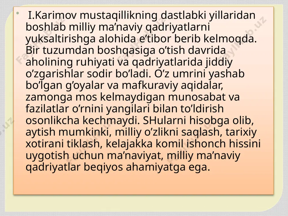 llarda namoyon bo’ldi. har qanday ijtimoiy hodisaning, shu jumladan, milliy g’oyani va milliy ma’naviy qadriyatlarning mohiyatini ochib berish uchun quyidagilarga aniqlik kiritish: tushunchaning ta’rifi (definisiyasi); tushunchaning tavsifi (xarakteristikasi); milliy ma’naviy qadriyatlarning mazmuni; ularning kelib chiqishi va rivojlanishi (evolyutsiyasi); ijtimoiy maqsadi va vazifalari (funktsiyalari); tuzilishi (strukturasi); amal qilish usul va vositalari (texnologiyasi); shakllari va ko’rinishlari tasnifi (klassifikatsiyasi) va nihoyat, jamiyat hayotining boshqa sohalariga ta’sirini bilish lozim. image2.jpeg image3.jpeg image4.jpeg image5.jpeg /docprops/thumbnail.jpeg