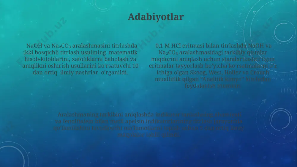 naoh va na₂co₃ aralashmasidagi har bir komponentning massasini aniqlashdan iborat bo'lib, bu ikki komponentli aralashmaning 0,1 m hcl eritmasi bilan titrlash orqali amalga oshiriladi. analitik kimyoda, 0.1 m hcl eritmasi bilan ikki bosqichli titrlash usuli naoh va na₂co₃ aralashmasini aniqlashda qo'llaniladi. bu usulda ikkita ekvivalent nuqta aniqlanadi. tajriba natijalari naoh va na₂co₃ miqdorini hisoblash uchun ikkita chiziqli tenglamalar sistemasini yechish orqali qayta ishlanadi. bu hisoblashlarda titrlashda sarflangan hcl eritmasining hajmi va uning konsentratsiyasi ishlatiladi. hisob-kitoblarni bajarish 0,1 m hcl eritmasining 25 ml hajmi bilan titrlashda sarflangan hcl ning hajmi va normalligi hisob-kitoblarda muhim rol o'ynaydi, bu natijalar naoh va na₂co₃ miqdorini aniqlash uchun ishlatiladi. naoh va na₂co₃ aralashmasidagi har bir moddaning massasini aniqlash uchun ikkita titrlash natijalaridan foydalaniladi, birinchisi umumiy ekvivalentlar sonini, ikkinchisi esa faqat naoh ekvivalentlar sonini beradi. hisob-kitoblarda naoh ning molyar massasi (40 g/mol) va na₂co₃ ning molyar massasi (106 g/mol) dan foydalaniladi, bu titrlash jarayonidan olingan ma'lumotlar …