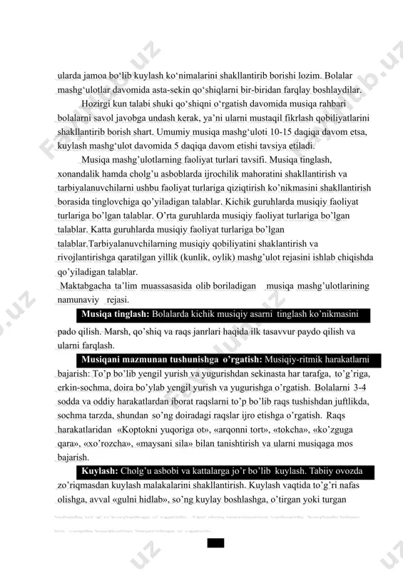 kuylardan bahramand qilish. shape \* mergeformat o’zgarishiga mos harakatlarni o’zgartirish, marsh, qo’shiq, raqs kuylariga mos harakatlarni mustaqil bajarish, boshlovchining ketidan musiqaga mos yurish, yugurish va sakrash. raqs haraktlarini mustaqil ravishda aniq bajarish, qo’l harakatlarini erkin va mayin bajarishga o’rgatish. guruh bo’lib, kichik guruhlarga bo’linib, yakka holda harakatlanishga o’rgatish, xonaning bir qismidan ikkinchi qismiga (markazdan burchakka, o’ngdan chapga va h.k.) o’tishda o’z harakatlarini boshqara olish, raqs harakatlarining nomlarini bilish va aniq bajarish. 4-5 harakatni ketma-ket, o’zaro bir biriga bog’lab hamda musiqaga moslab ijro eta olish. raqslarda kayfiyatlarni bildiruvchi harakatlardan «yo’q», «arazlash», «yarashish» va h.k. ifoda etish, yuz, ko’z imo-ishorasining berilgan kayfiyatga mos bo’lishiga o’rgatish. 5 yoshli bola bilishi lozim bo’lgan bilim ko’nikma va malakalar: a) bolalar cholg’ularida ijro etish usullarini bilish; b) bolalar cholg’ularini ovoz tembridan farqlay olish; c) bolalar cholg’ulari orkestrida ijro etish; d) o’z harkakatlarini musiqa tempiga moslay olish. e) xor bo’lib, ansamal va yakka kuylay olish; fortepiano, g’ijjak, …