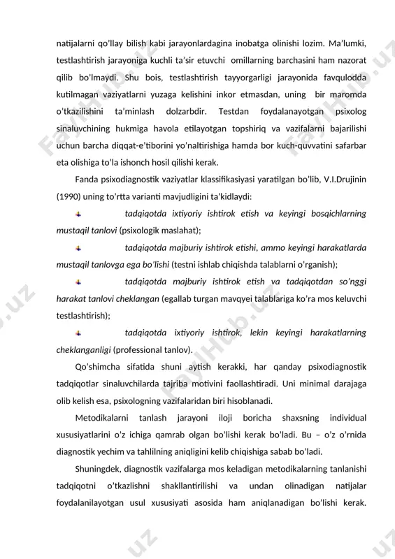 afzalmi, degan mushohadalar hamon davom etmoqda. klinik yondoshuv sifatli tahlillarga asoslangan holda amalga oshiriladi. uning muhim xususiyatlari “subyektiv hukm” va professional tajribaga asoslanganligidadir. natijada,“sof holda”gi klinik yondoshuv haqiqiy fikrlashdan uzoq bo’lmaydi. statistik yondoshuv obyektiv ko’rsatkichlarning miqdoriy qayta ishlanishini inobatga olishni e’tirof etadi. subyektiv hukm ahamiyatliligi minimum darajaga olib kelinadi. interpretasiya empirik jihatdan aniqlangan statistik mos kelishlik asosida amalga oshiriladi. klinik va statistik interpretasiya samaradorligi masalasi psixologlar tomonidan ko’p marotaba muhokama qilinganligiga qaramay hozirgacha munozaralar predmeti bo’lib kelmoqda. ushbu munozaralarning asoschisi p.mil (1954) hisoblanadi. bu sohada u ancha tajribaga ega bo’lganligi bois, statistik interpretasiya klinikka nisbatan samaraliroq ekanligi to’g’risida xulosa qiladi. chunki, psixolog inobatga oladigan diagnostik ma’lumotlar hajmining kengayib borishi avval o’sishga, so’ngra esa interpretasiya aniqligini kamayishiga xizmat qiladi. lekin bu klinik yondoshishlar psixodiagnostikada ahamiyatli o’rin egallamaydi, degani emas. shaxsni har tomonlama bog’lanish va munosabatlar doirasida ta’riflash vazifasi yuklanganda statistik yondoshish klinikni o’rnini bosa olmaydi. klinik yondoshuvga muqobilini topish juda murakkab …