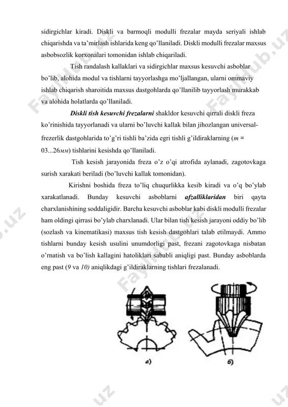 larga nisbatan barmoqli frezalarning gabarit o’lchamlari bir muncha kichik bo’lib, ularning ishchi qismi diametrining o’lchamlari g’ildirakni tishlari bo’yicha aniqlanadi. odatda frezalarni 40...90 mm diametrli va tishlarning sonini juft holda 2...8 ta qilib tayyorlanadi. barmoqli frezalarning oldingi burchagini uni tayyorlash, qayta charxlash va profilining nazoratini soddalashtirish maqsadida nulga teng olinadi. dastlabki ishlov beruvchi frezalarda kesish kuchini kamaytirish maqsadida oldingi burchakni musbat qiymati (80gacha) qabul qilinadi. asbobsozlik materiallarini iqtisod qilish maqsadida m>50 mm.li frezalarning tishlariga kesuvchi plastinalar payvandlanadi. barmoqli frezalarning kamchiligi, unumdorligining pastligi va ishlov berishi aniqligining pastligidir. unumdorlikni pastligi – tishlarning sonini ozligi, maxkamlash bikrligining pastligi, kesiluvchi qatlamning kengligini kattaligi sababli kesish kuchini yuqoriligi, zagotovka bilan birikish burchagining kattaligidir. aniqlikning pastligi – frezalarni qayta charxlashda hosil bo’ladigan hatoliklar va bo’lish kallagidagi hatoliklardir. ushbu frezalarni afzalliklari shundaki, ular yordamida universal dastgohlarda g’ildiraklarga o’ta katta modulli tish kesish imkoniyatiga ega ekanligidir. chervyakli tish kesish frezalari – reyka tipidagi ko’p tig’li kesuvchi asbob bo’lib …