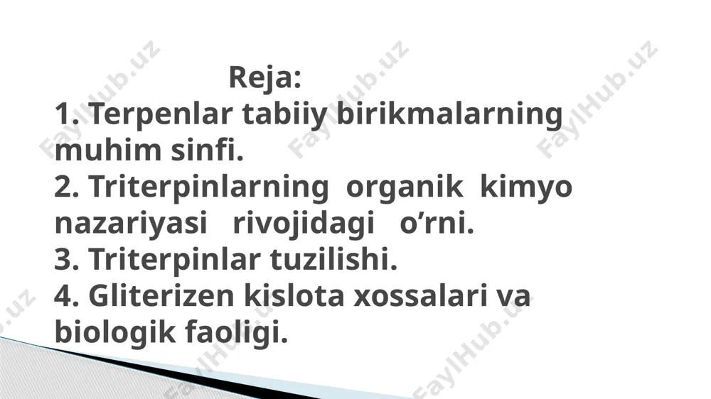 agmenti alifatik terpenlar monoterpenlar monoterpenlarning asosiy manbai xushbo’y o’simliklarning efir moylari hisoblanadi. ulardan suv bug’i bilan haydab turli erituvchilar yordamida ekstraksiya qilinib olinadi. hozirgi paytda sintez yo’li bilan ham olinadi. keng tarqalgan vakili kamfora yaponiya va tropik mintaqalarda o’sadigan kamfora daraxti (laurus camphora l.) dan ajratib olingan. uyurak faoliyatini kuchaytiruvchi vosita hisoblanadi. tibbiyotda, atir-upacilikda, konditer sanoatida keng qo’llaniladigan mentol ham monoterpenlar sinfiga mansub. geraniol-monoterpenli spirt, sitral-aldegid sitrusli mevalar tarkibidan ajratib olingan. gul nektarlari monoterpenlari odatda hasharotlarni o’ziga jalb etuvchi moddalar (attpaktantlar) hisoblanadi. masalan xmel moyida mirsen va otsimen, lavanda moyida geraniol izomeri linalool va uning atsetati aniqlangan. ikkala terpenoid ham yoqimli landish hidiga ega. atirgul va geran efir moylarida qimmatbaho xushbo’y modda-(s)-sitronellol, na'matak gullarining nektarida esa geraniol va nerol bo’ladi. alifatik monoterpenlar kislotalar ta’sirida osongina halqalanadi. masalan, geraniol dastlab nerol monoterpenigacha izomerisatsiyalanadi, u esa terpinning digidrooksi hosilalarigacha halqalanadi. sis-terpin limonenning kislotali gidrolizi natijasida ham olinishi mumkin. seskviterpenlar seskviterpenlar kimyosining rivojlanishi …