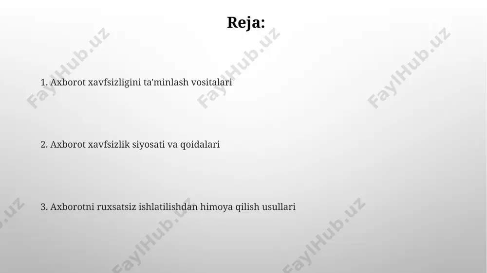 lashni o'z ichiga oladi, bu esa ma'lumotlarning ruxsatsiz ishlatilishiga yo'l qo'ymaslik uchun muhimdir. axborot xavfsizligini ta'minlash uchun texnologiyalar biometrik autentifikatsiya tizimlari, masalan, barmoq izi skanerlari yoki yuzni aniqlash texnologiyalari, 99% gacha aniqlik bilan 10000 dan ortiq foydalanuvchini identifikatsiya qilish imkonini beradi. ma'lumotlar bazalarini himoya qilish uchun 256-bit aes shifrlash algoritmi keng qo‘llaniladi, bu esa aqsh va yevropa mamlakatlarida ma'lumotlarning noqonuniy kirishdan ishonchli himoyasini ta'minlaydi. e'tiboringiz uchun rahmat @taqdimot_robot image3.png image4.jpg image5.jpg image6.jpg image7.jpg image8.jpg image1.png