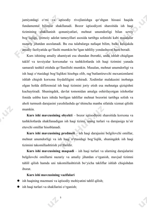adabiyotlardan iborat. i bob. ish haqi turlari va ularning nazariy asoslari 1.1. ish haqining mazmuni va iqtisodiy mohiyati ish haqi iqtisodiyot fanida eng muhim tushunchalardan biri bo‘lib, u inson mehnatiga bo‘lgan moddiy baho va rag‘batlantirish vositasi sifatida qaraladi. har bir jamiyat taraqqiyotida mehnat qiluvchi insonlar moddiy ta’minotini asosiy manba sifatida ish haqi orqali oladi. shuning uchun ham ish haqi faqat iqtisodiy kategoriya emas, balki ijtimoiy kategoriya sifatida ham muhim ahamiyat kasb etadi. ish haqi mazmunini chuqurroq tushunish uchun avvalo uning iqtisodiy mohiyatini tahlil qilish lozim. tarixiy nuqtai nazardan olganda, mehnatga haq to‘lashning dastlabki shakllari naturaviy ko‘rinishda bo‘lgan. insonlar o‘z mehnati evaziga moddiy boyliklarni – don, chorva mahsuloti, kiyim-kechak yoki boshqa turdagi mahsulotlarni olganlar. iqtisodiyot rivojlanishi bilan mehnatga haq to‘lash tizimi ham pul shakliga o‘tdi va hozirgi zamon iqtisodiyotida ish haqi xodimning mehnat faoliyati evaziga oladigan pul shaklidagi daromadi sifatida e’tirof etiladi. klassik iqtisodchilar ish haqi masalasini keng o‘rganganlar. a. smit …