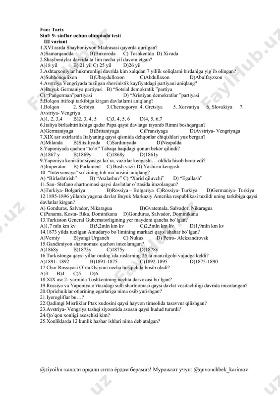 nubiy – sharqiy osiyoni evropa bilan bog`laydi c)qitalararo transport ekspeditsiya uzeli sifatida foydalaniladi d)arab mamlakatlari bilan bog`laydi 6.ruzveltning monopoliyalarga qarshi kurashi qanday nom olgan? a) “adolatli yo`l” b) “ taraqqiyparvar yo`l” c) “oltin yo`l” d) “qatiy yo`l” 7.qaysi aqsh prezidenti aqsh- ispaniya urishida shaxsan ishtirok etib, shuhrat qozongan? a)taft b) guvver c) t.ruzvelt d) v. vilson 8.1911 yil oxirida meksikadagi shaxtalarning … % , metallurgiya korxonalarining… %, neftning … %, kauchik ishlab chiqaruvchi korxonalarning… %, aqsh monopolistlarining qo`liga o`tdi? a)68, 58, 78, 72 b)78.72, 58, 68 c)72,78, 68, 58 d)58, 78, 72, 68 9.xix asr oxirida lotin amerikasiga eng ko`p capital kiritgan davlat? a)aqsh b)britaniya c) germanya d) fransiya 10. meksikada tuzilgan “dehqonlarni himoya qilish xuntasi” ning shiori nima edi? a) “o`lim yoki ozodlik” b) “ishlab yashaylik yoki jang qilib o`laylik” c) “ yer va ozodlik” d) “ ozod meksika uchun” 11.imperator pedro ii taxtdan voz kechgach braziliyada hokimiyat kimlarning …