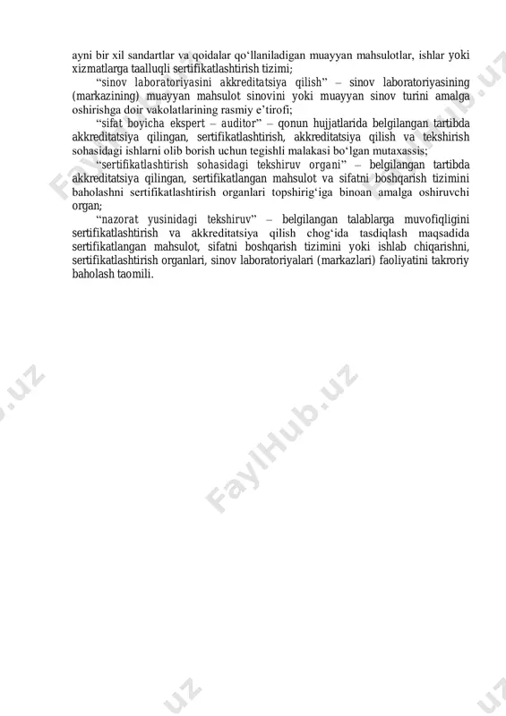 sertifikati” – sertifikatlangan mahsulotning belgilangan talablarga muvofiqligini tasdiqlash uchun sertifikatlashtirish tizimi qoidalariga binoan berilgan hujjat; “muvofiqlik belgisi” – muayyan mahsulot yoxud xizmat aniq sandartga yoki boshqa normativ hujjatga mos ekanligini ko‘rsatish uchun mahsulotga yoxud ko‘rsatilgan xizmatga doir hujjatga qoyiladigan, belgilangan tartibda royxatga olingan belgi; “bir turdagi mahsulotlarni (ishlarni, xizmatlarni) sertifikatlashtirish tizimi” – ayni bir xil sandartlar va qoidalar qo‘llaniladigan muayyan mahsulotlar, ishlar yoki xizmatlarga taalluqli sertifikatlashtirish tizimi; “sinov laboratoriyasini akkreditatsiya qilish” – sinov laboratoriyasining (markazining) muayyan mahsulot sinovini yoki muayyan sinov turini amalga oshirishga doir vakolatlarining rasmiy e’tirofi; “sifat boyicha ekspert – auditor” – qonun hujjatlarida belgilangan tartibda akkreditatsiya qilingan, sertifikatlashtirish, akkreditatsiya qilish va tekshirish sohasidagi ishlarni olib borish uchun tegishli malakasi bo‘lgan mutaxassis; “sertifikatlashtirish sohasidagi tekshiruv organi” – belgilangan tartibda akkreditatsiya qilingan, sertifikatlangan mahsulot va sifatni boshqarish tizimini baholashni sertifikatlashtirish organlari topshirig‘iga binoan amalga oshiruvchi organ; “nazorat yusinidagi tekshiruv” – belgilangan talablarga muvofiqligini sertifikatlashtirish va akkreditatsiya qilish chog‘ida tasdiqlash …